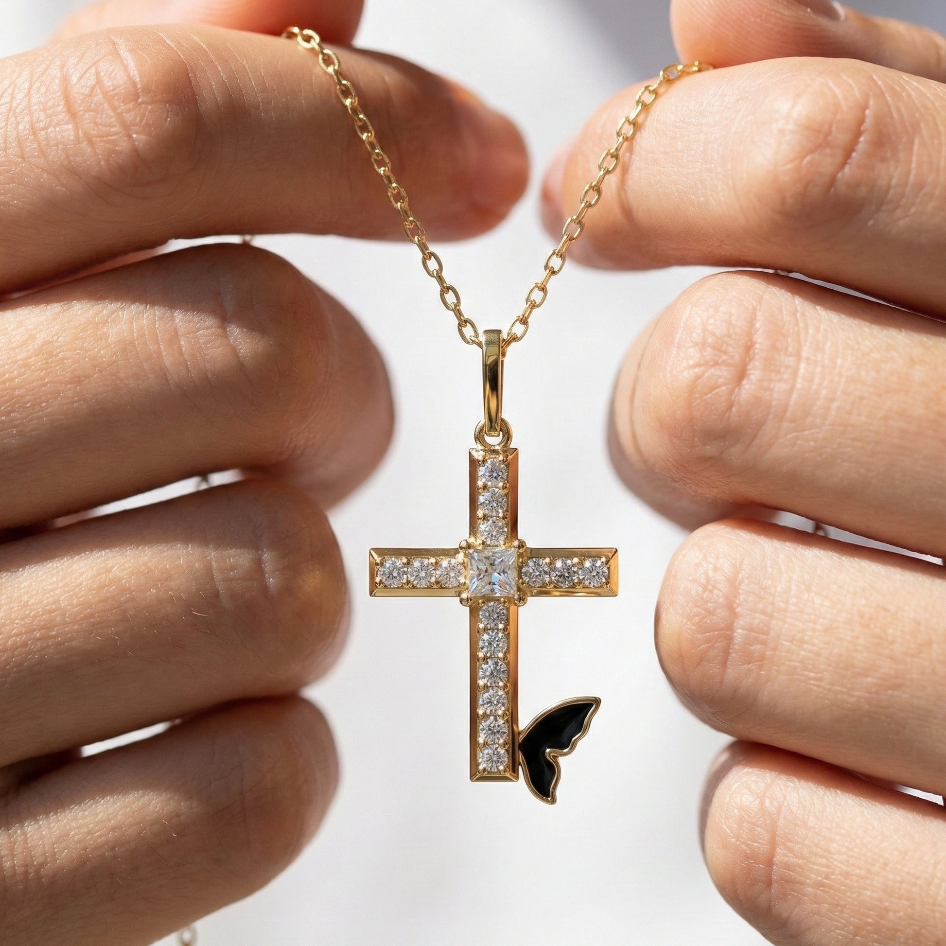 Butterfly Accent Jesus Cross Diamond Pendant in 14K Solid Gold, 0.56 TCW Princess/Round Cut Lab Diamonds, Gift for Her, Religious Jewelry