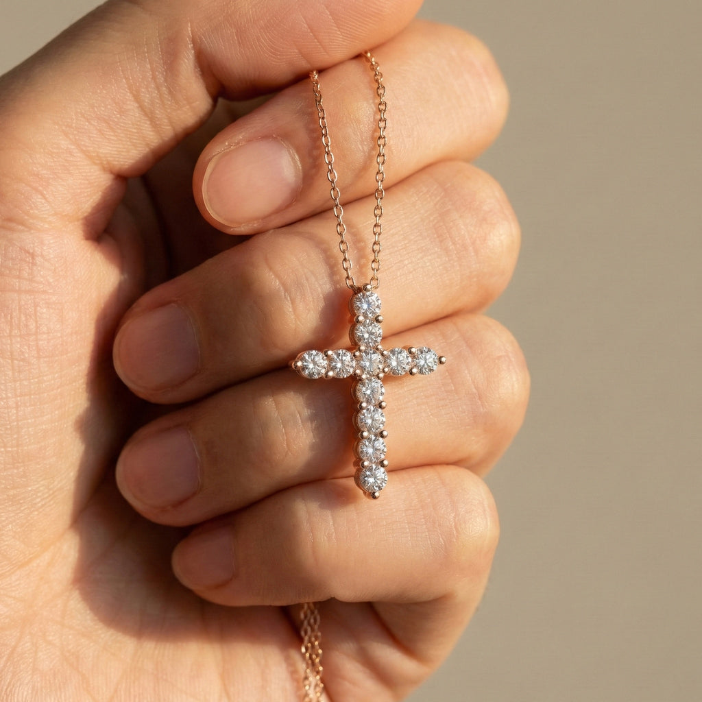 Round Cut Prong-Set Tennis Cross Pendant in 14k White Gold, 1.75 TCW Round Cut Lab Created Diamonds, Birthday Gift for Women/Men