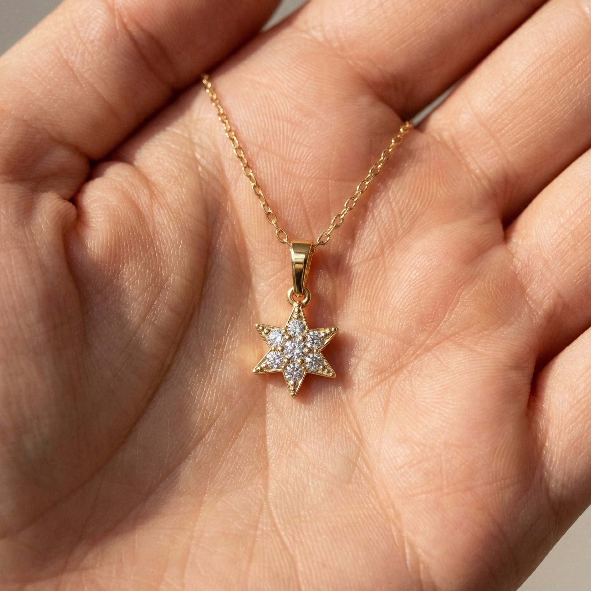 Starburst Six-Point Star Cluster Wedding Pendant Lab Diamond in 14k Solid Gold, Birthday Gift for Women, Handmade Jewelry