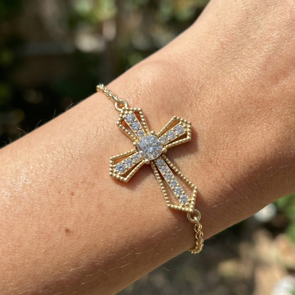 Deco Inspired Cross Bar Chain Bracelet in 14K Solid Gold, 0.40 CT Cushion Cut Lab Created Diamond, Everyday Bracelet, Religious Gift For Wife