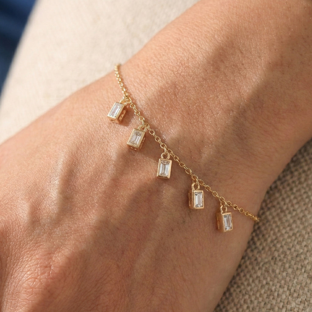 Modern Baguette Drop Charm Bracelet in 14k Solid Gold, 0.7 TCW Baguette Cut Lab Created Diamonds, Gift for Her, Bridal Jewelry