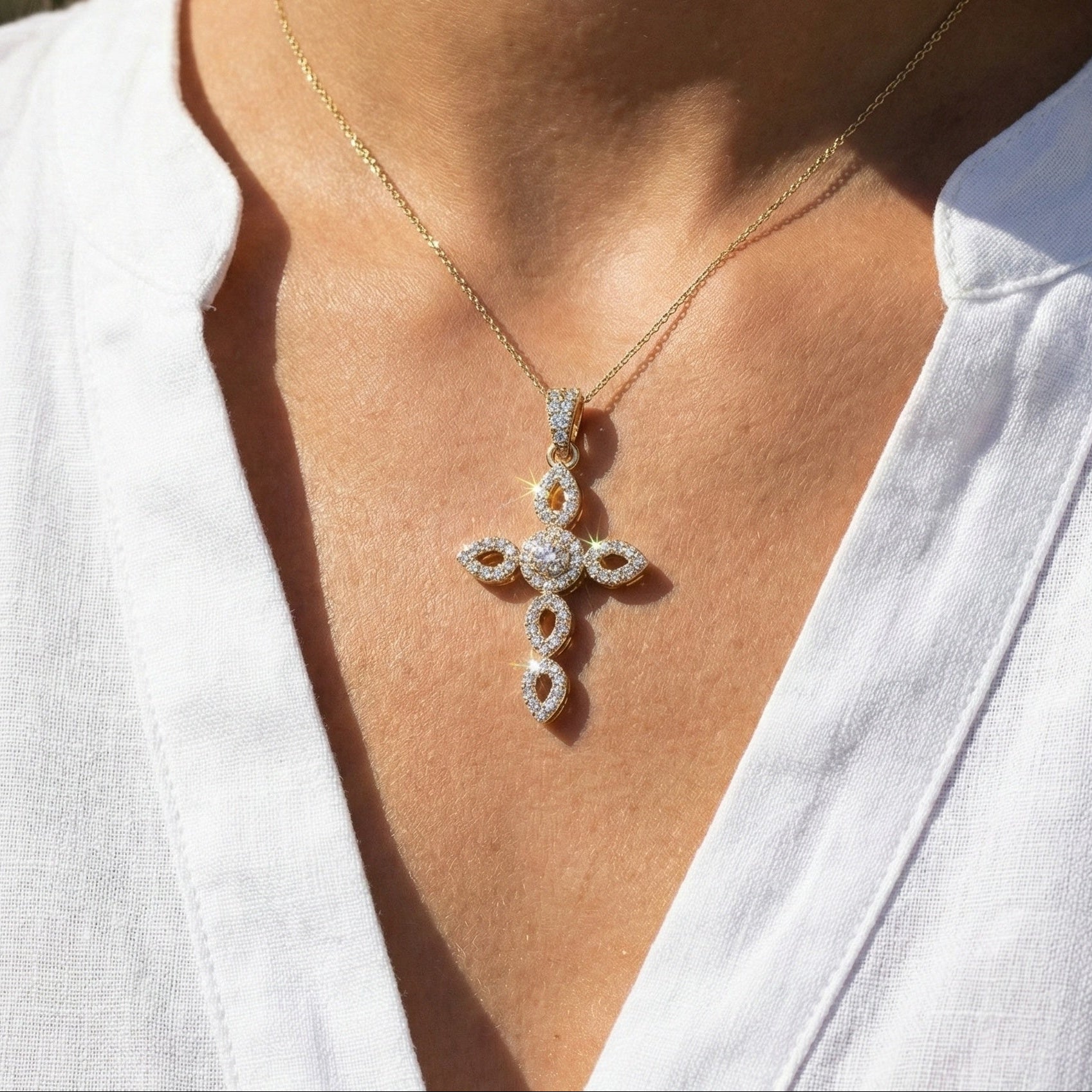 Art Deco Vintage Cross Pendant in 14k Solid Gold, 0.32 TCW Round Cut Lab Grown Diamonds, Religious Gift for Women, Everyday Pendant