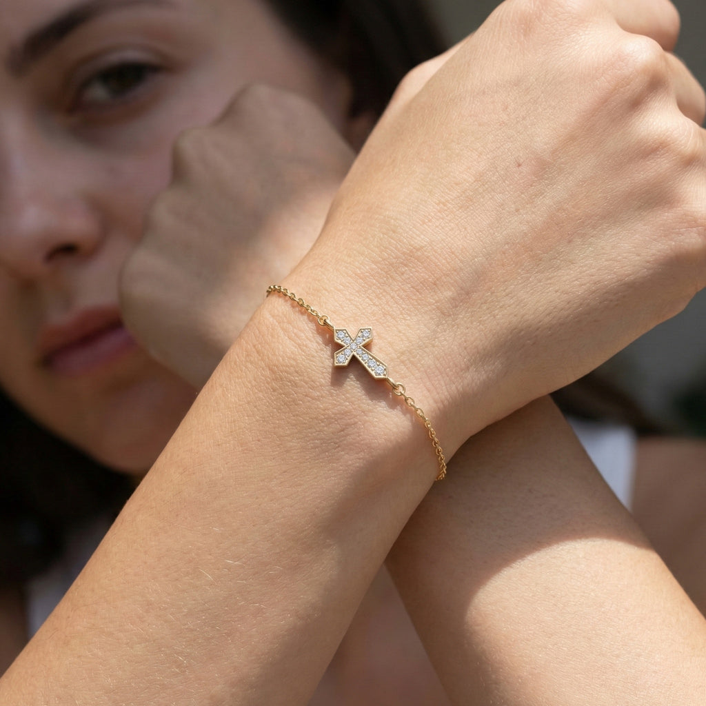 Tiny Angular Cross Center Chain Bracelet in 14K Solid Gold, 0.15 TCW Round Cut Lab Created diamonds, Everyday Jewelry, Anniversary Gift for Her