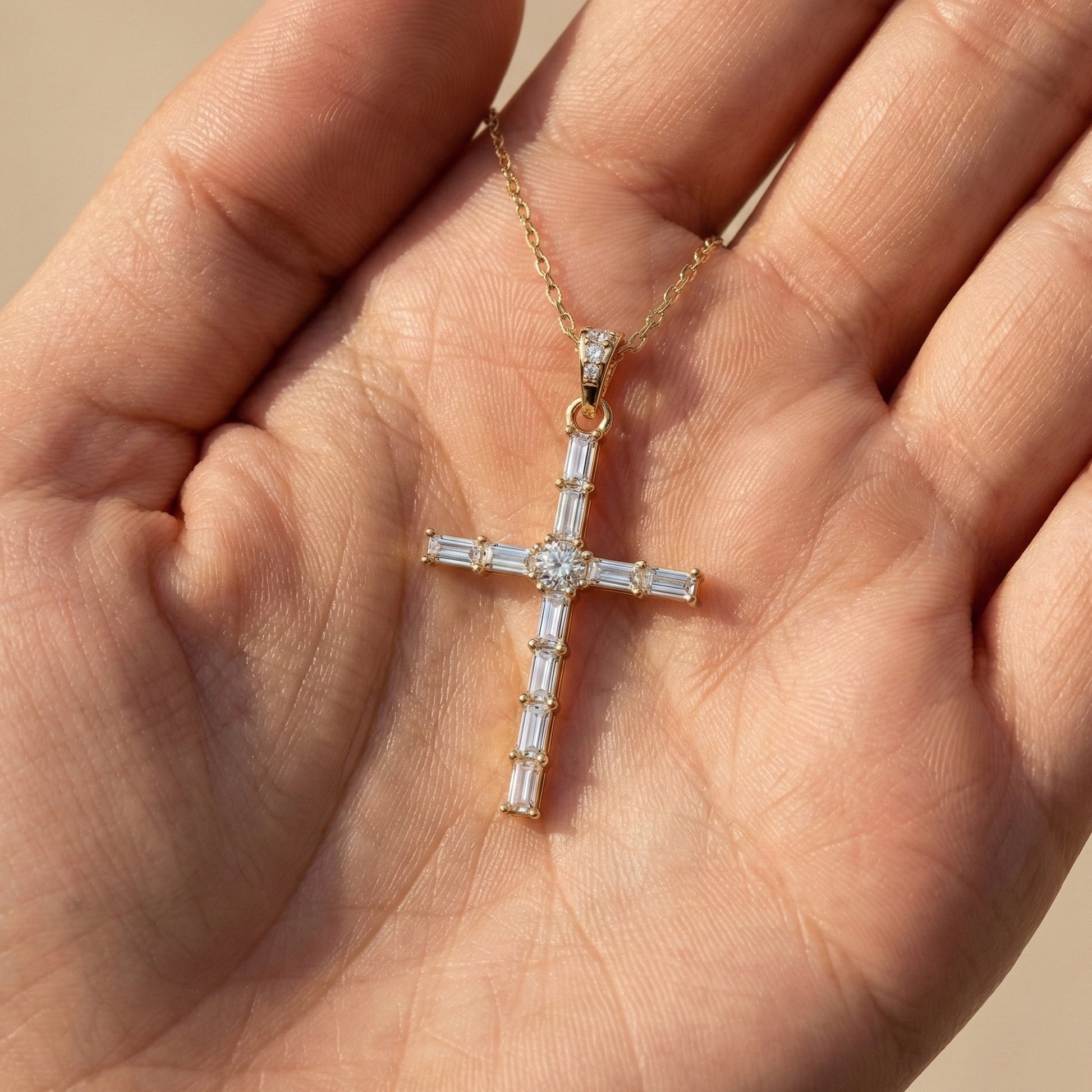 Modern Religious Cross Pendant in 14k Solid Gold, 1.65 TCW Baguette/Round Cut Lab Grown Diamond, Bridal Jewelry, Wedding Gift for Her