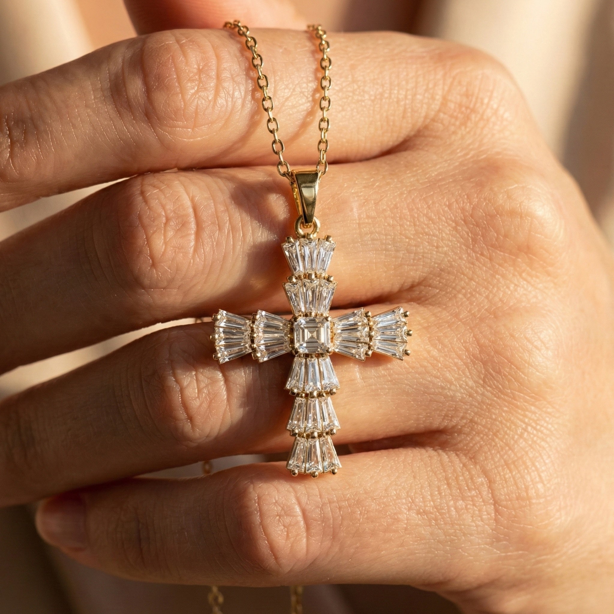 Tapered Baguette Asscher Cross Pendant in 14k Solid Gold, 1.87 TCW Asscher/Baguette Lab Grown Diamonds, Faith Jewelry, Bridal Gift
