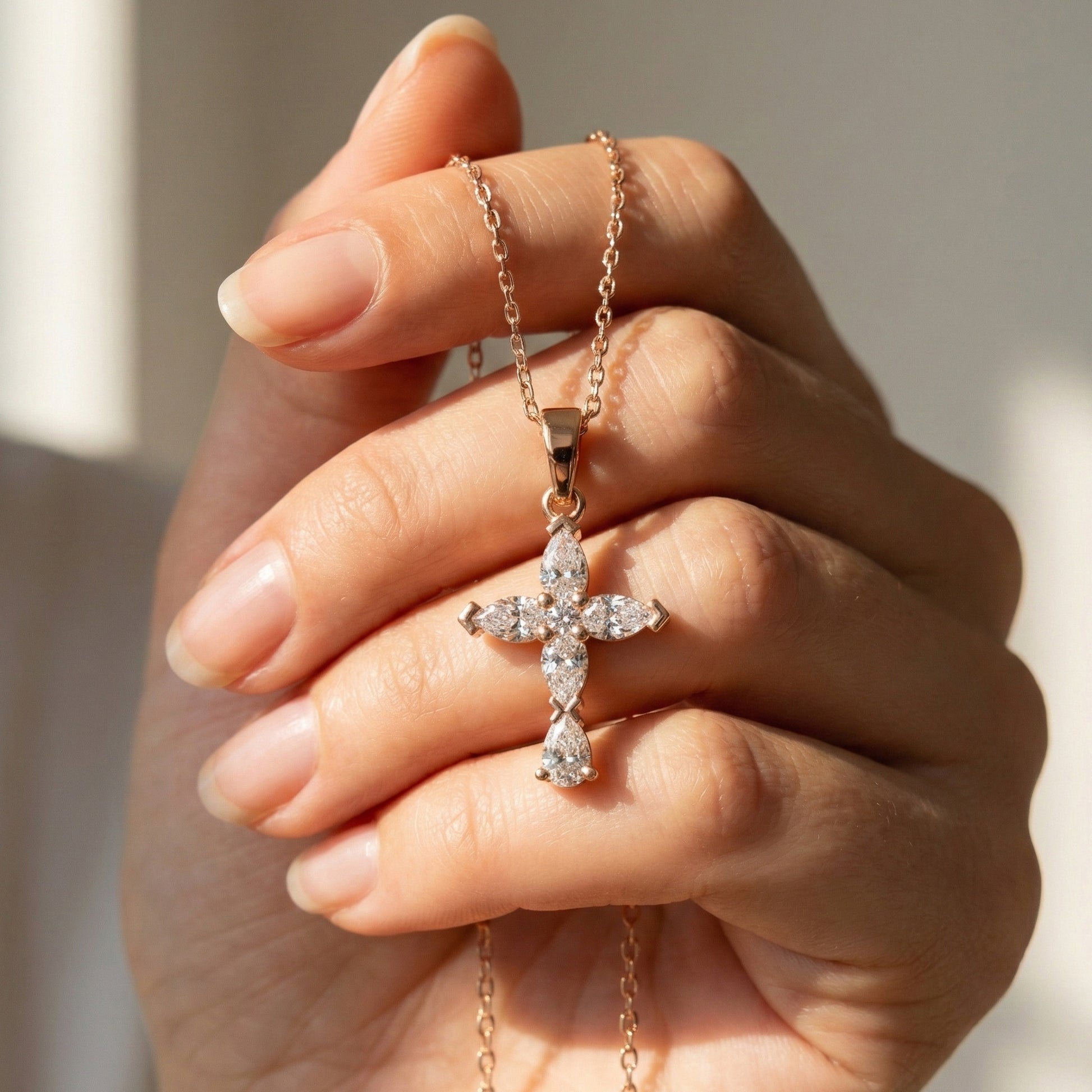 Stylish Pear Cluster Cross Religious Pendant in 14k Solid Gold, 0.93 TCW Pear/Round Cut Lab Grown Diamonds, Bridal Jewelry, Jesus christ Gift For Her