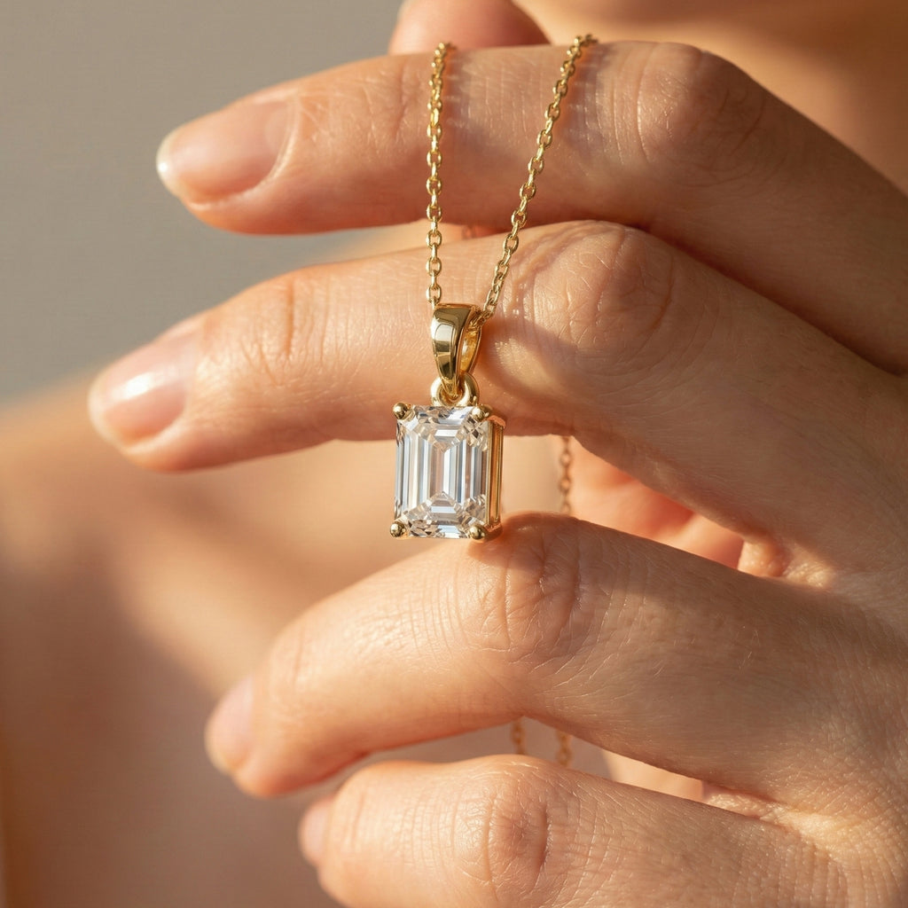 14K Rose Gold Solitaire Wedding Pendant, 1.75 CT Emerald Cut Lab Grown Diamond Solitaire Pendant, Wedding Gift for Her, Handmade Jewelry