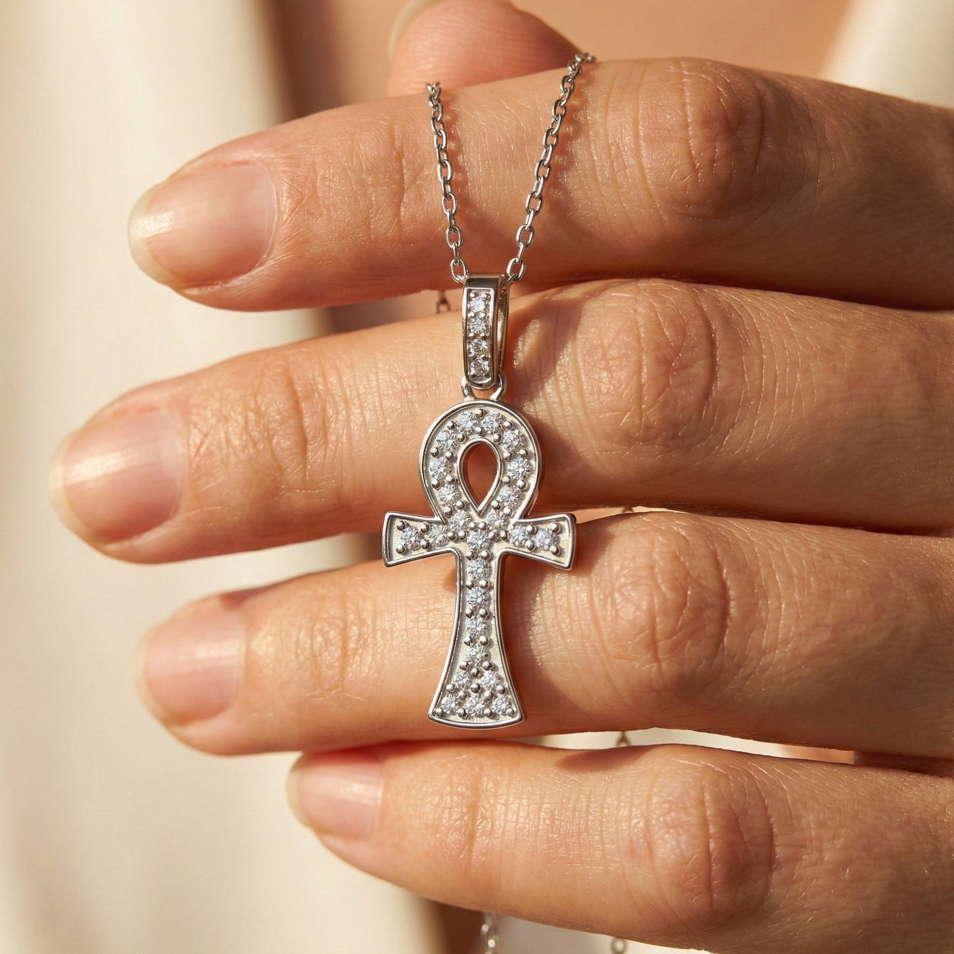 Dainty Pavé Ankh Cross with Diamond Bail Wedding Pendant in Lab Diamond – 14k Yellow Gold, Anniversary Gift for Women, Unique Pendant