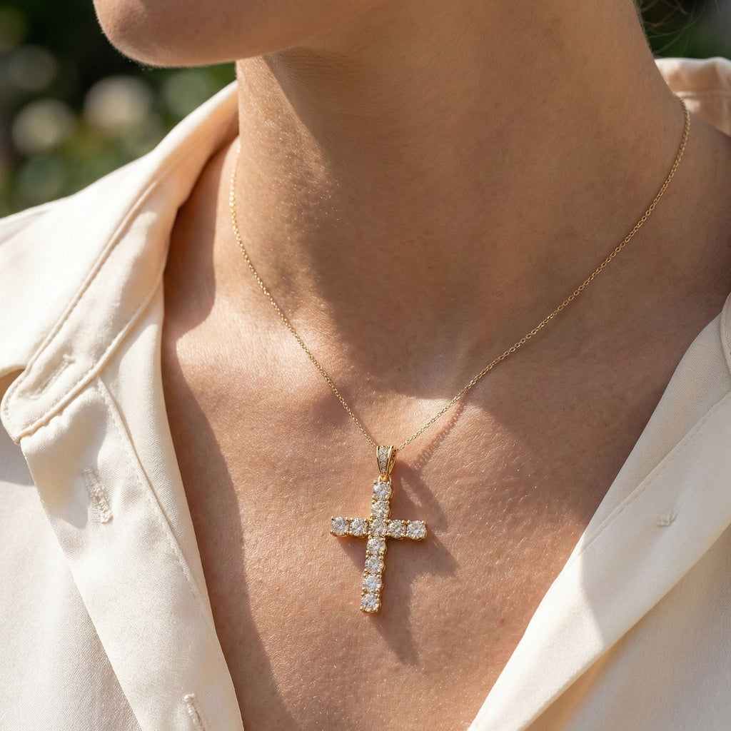 Classic Round Cluster Cross Pendant in 14k Solid Gold, 5.14 TCW Round Cut Lab Grown Diamonds, Faith Gift for Her, Jesus Cross Pendant