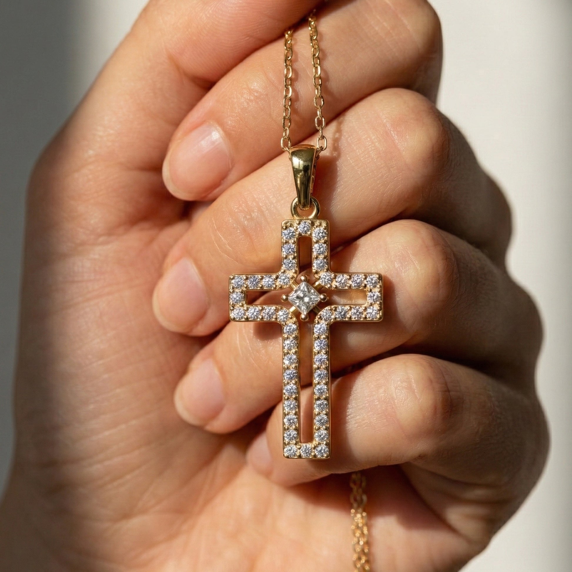 Minimalist Pavé Princess Cross Pendant in 14K Solid Gold, 0.52 TCW Princess/Round Cut Lab Created Diamonds, Bridal Jewelry, Gift for Mom