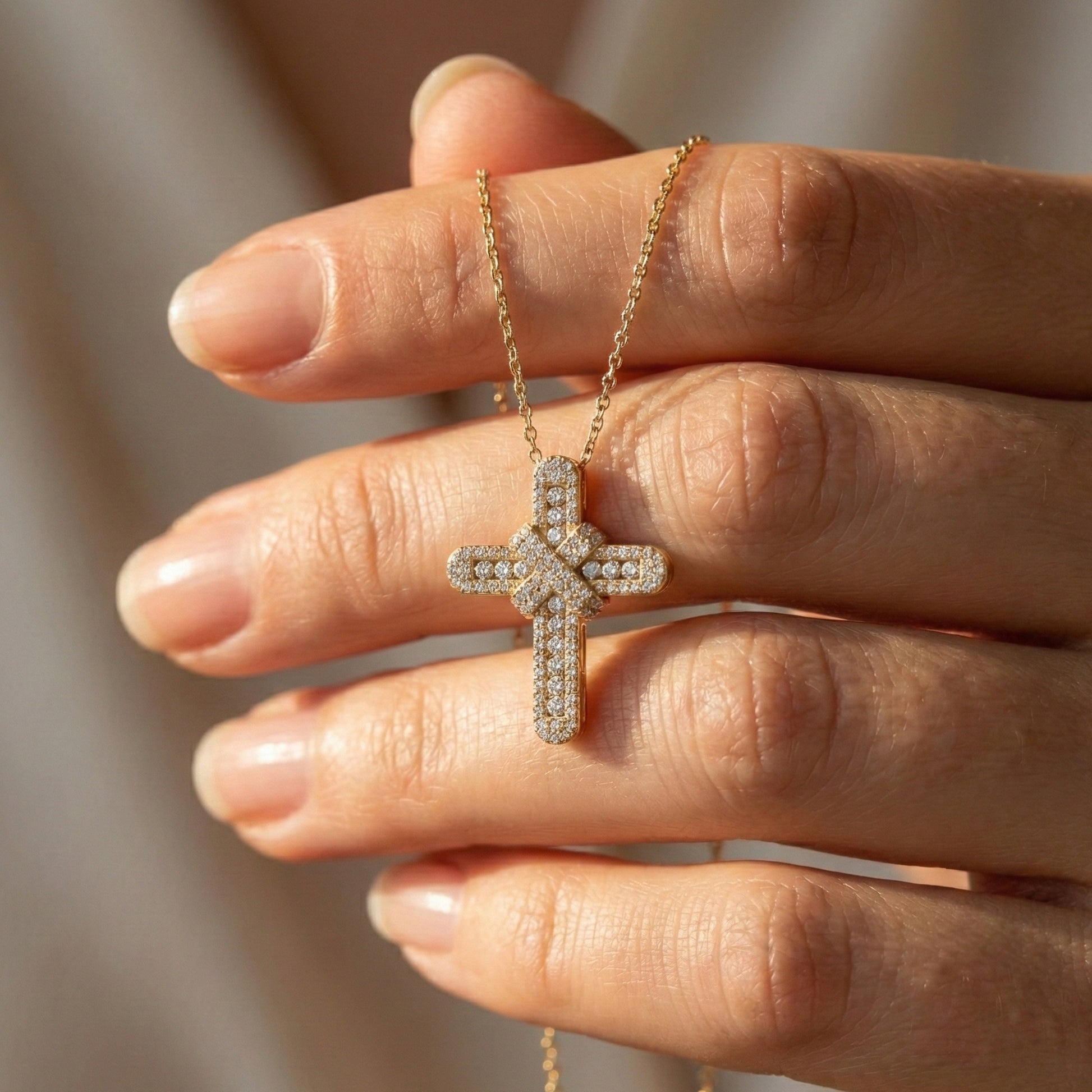 Bold Clustered Pave Cross Religious Pendant with Wrapped Design in Lab Grown Diamond-14k Solid Gold, Unique Charm Pendant, Wedding Gift for Her/Him