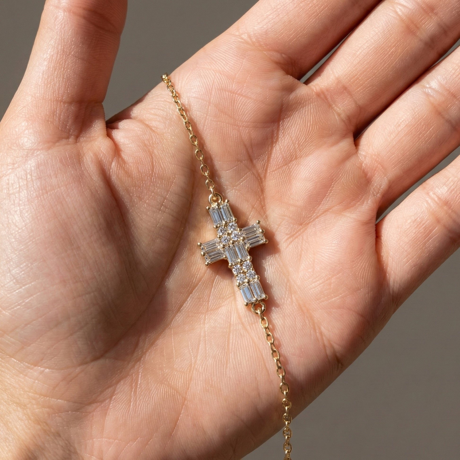Baguette Cross Cluster Chain Bracelet in 14k Solid Gold, 1.60 TCW Baguette/Round Cut Lab Grown Diamonds, Dainty Faith Jewelry, Religious Gift for Her, Everyday Jewelry