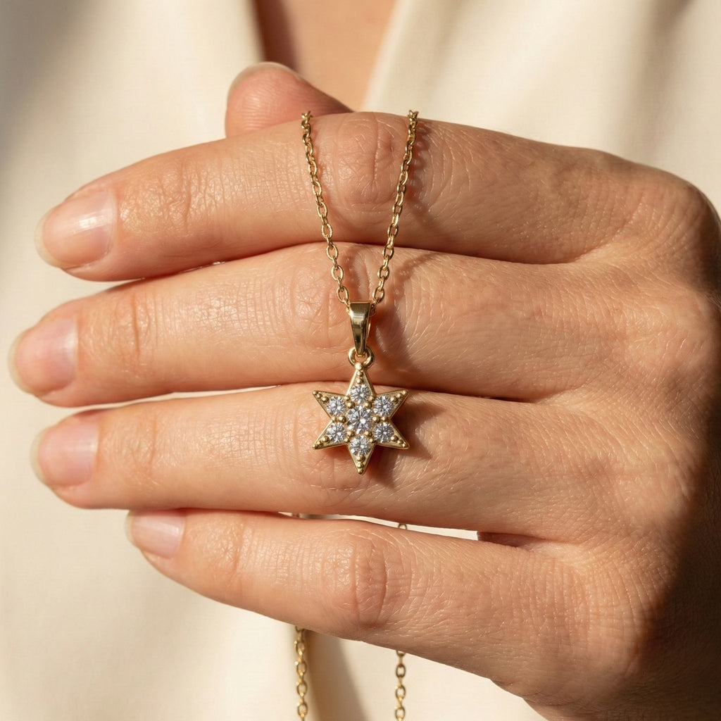 Starburst Six-Point Star Cluster Wedding Pendant Lab Diamond in 14k Solid Gold, Birthday Gift for Women, Handmade Jewelry