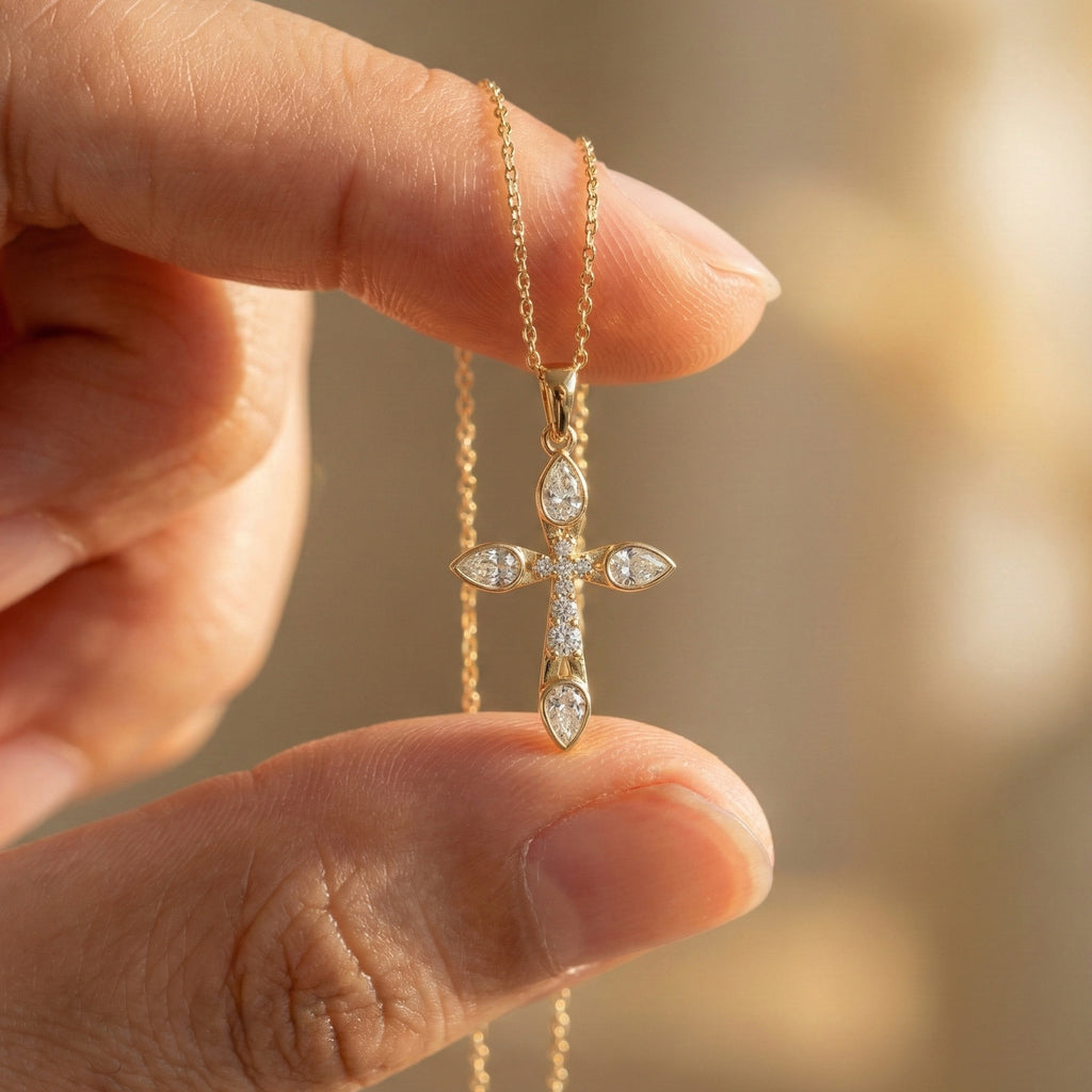 Modern Cluster Cross Pendant in 14k Solid Gold, 0.77 TCW Pear/Round Cut Lab Diamonds, Anniversary Gift,