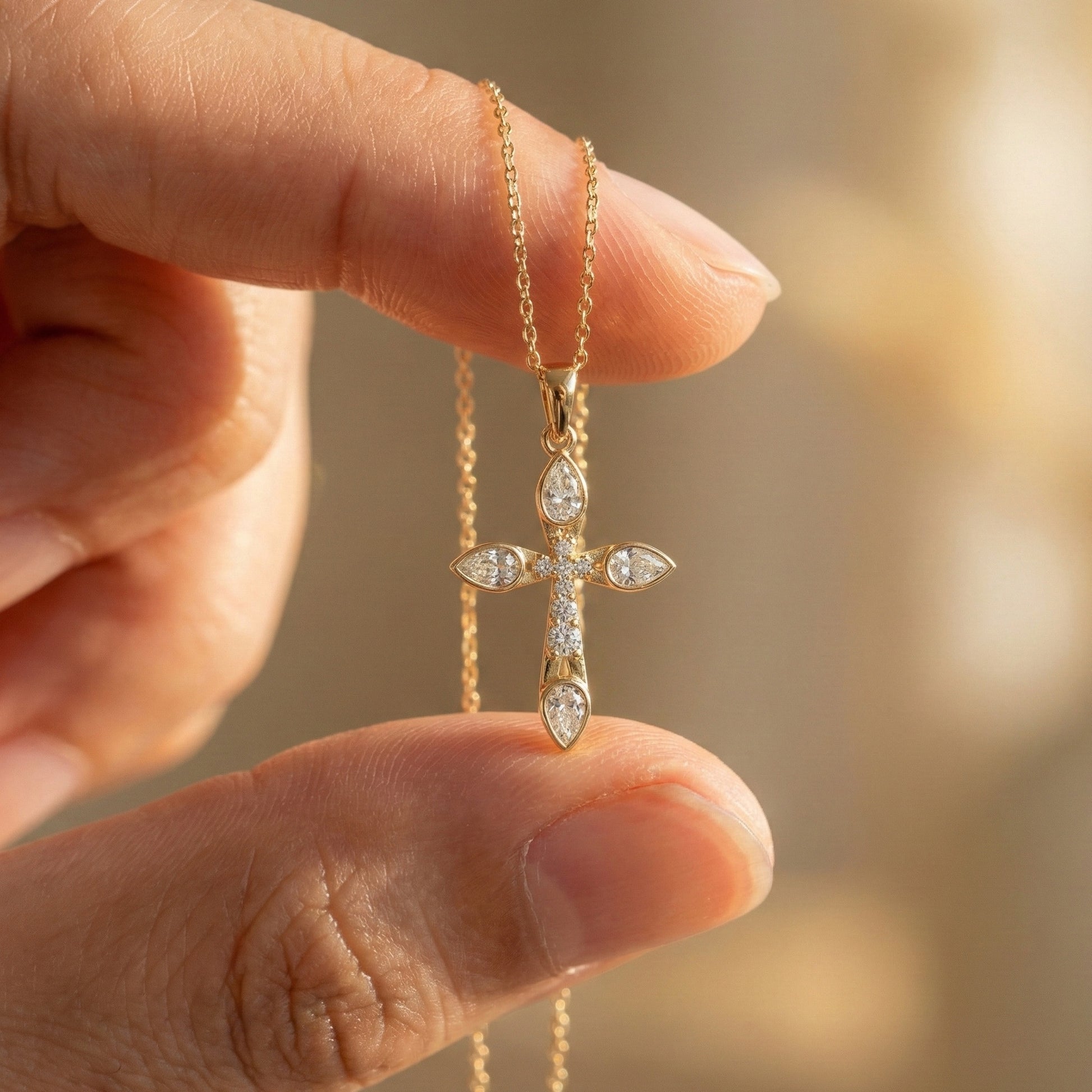 Modern Cluster Cross Pendant in 14k Solid Gold, 0.77 TCW Pear/Round Cut Lab Diamonds, Anniversary Gift,