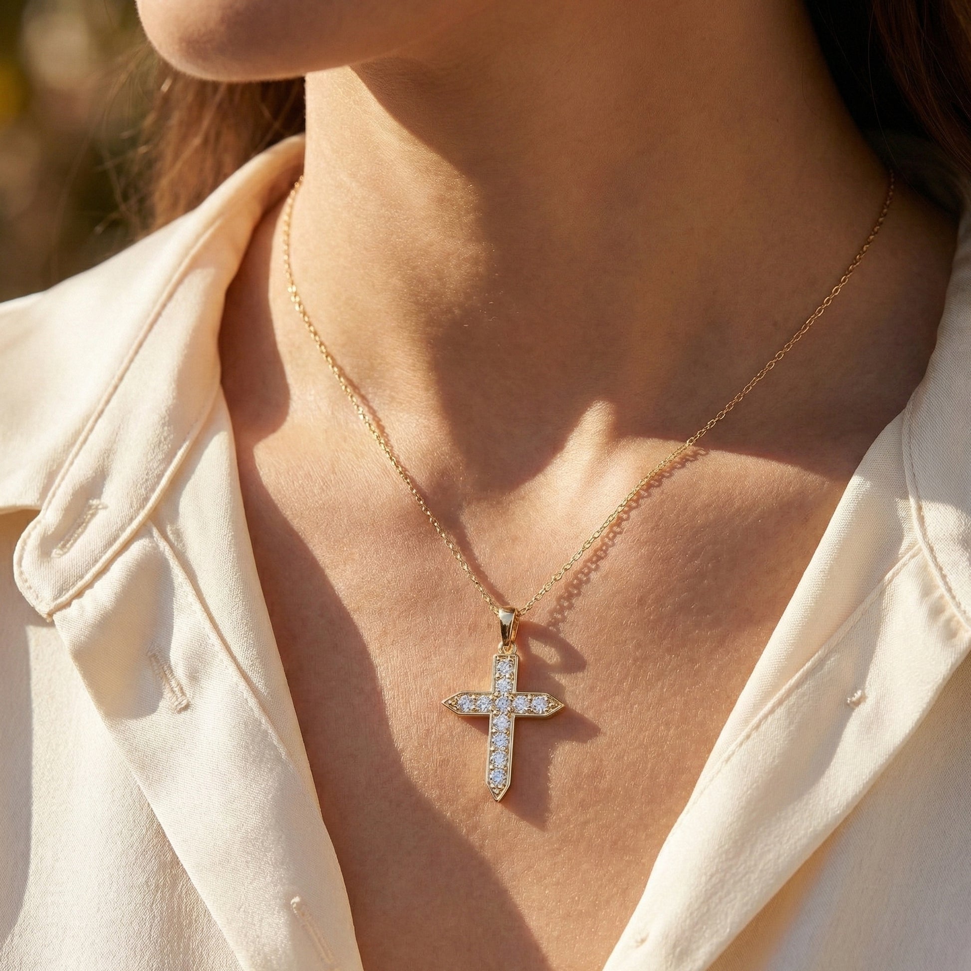 Pointed Edge Cross Pendant in 14k Solid Gold, 0.73 TCW Round Cut Lab Diamonds, Christian Jewelry, Gift for Women