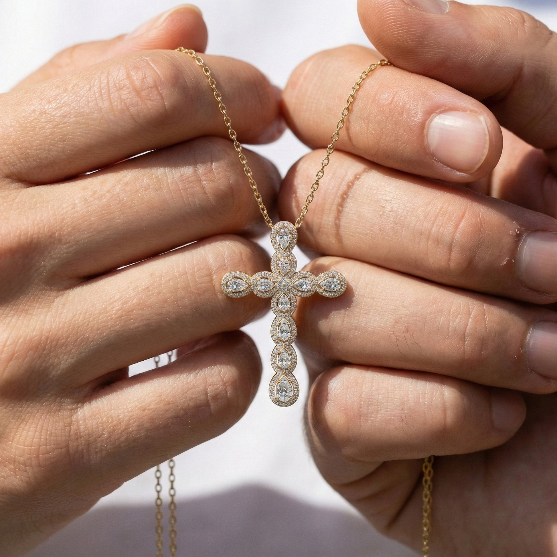 Pear & Round Halo Cluster Cross Charm Pendant Necklace in Lab Diamond – 14k Solid Gold, Everyday Jewelry For Women, Handmade Jewelry, Gift for Her