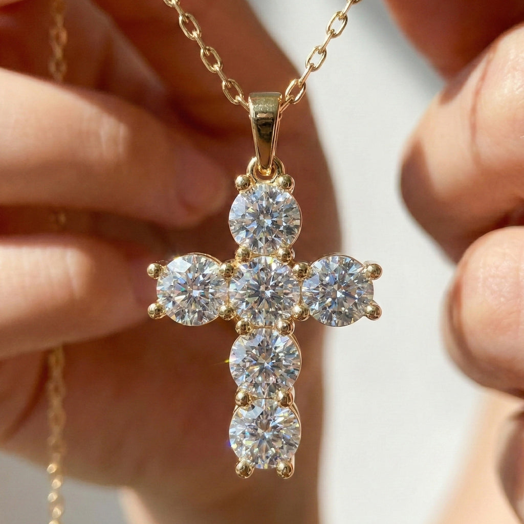 Prong-Set Round Cluster Cross Pendant in 14k Solid Gold, 2.76 TCW Round Cut Lab Created Diamonds, Jesus Pendant For Her, Daily Wear Pendant