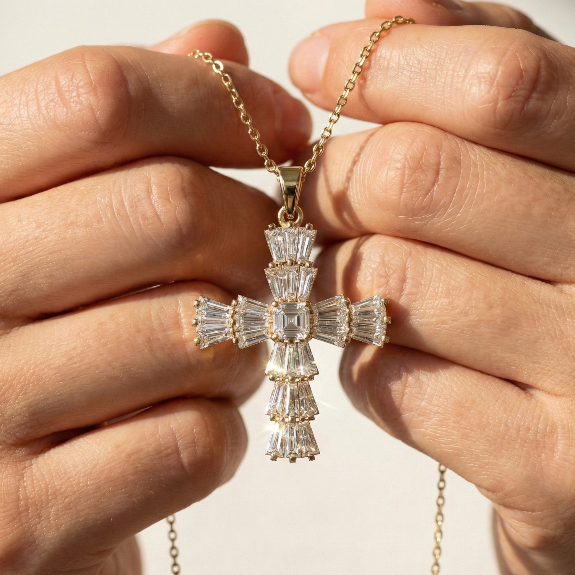 Tapered Baguette Asscher Cross Pendant in 14k Solid Gold, 1.87 TCW Asscher/Baguette Lab Grown Diamonds, Faith Jewelry, Bridal Gift