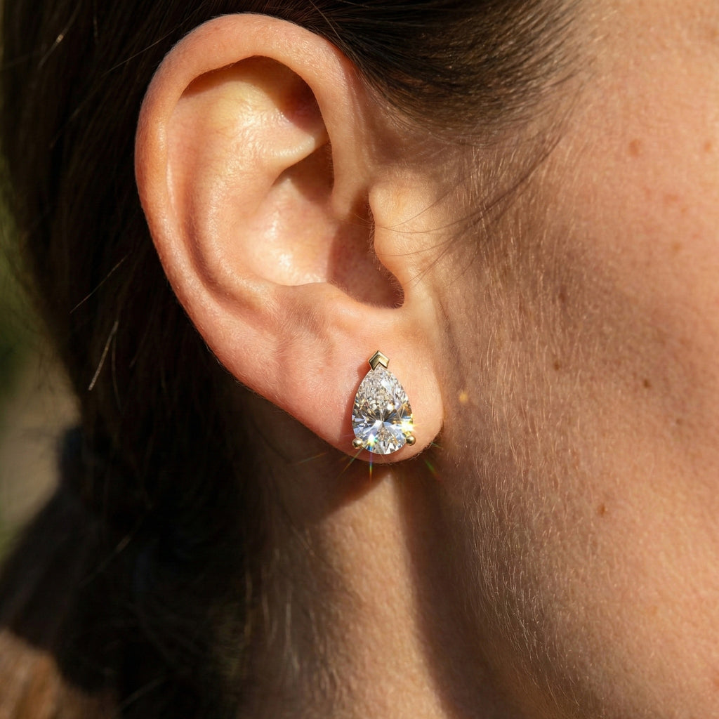 Pear Cut Solitaire Stud Earrings in 9K Solid Gold, 2.00 TCW Pear Cut Lab Created Diamonds, Bridal Jewelry, Gift for Wife, Handmade Studs