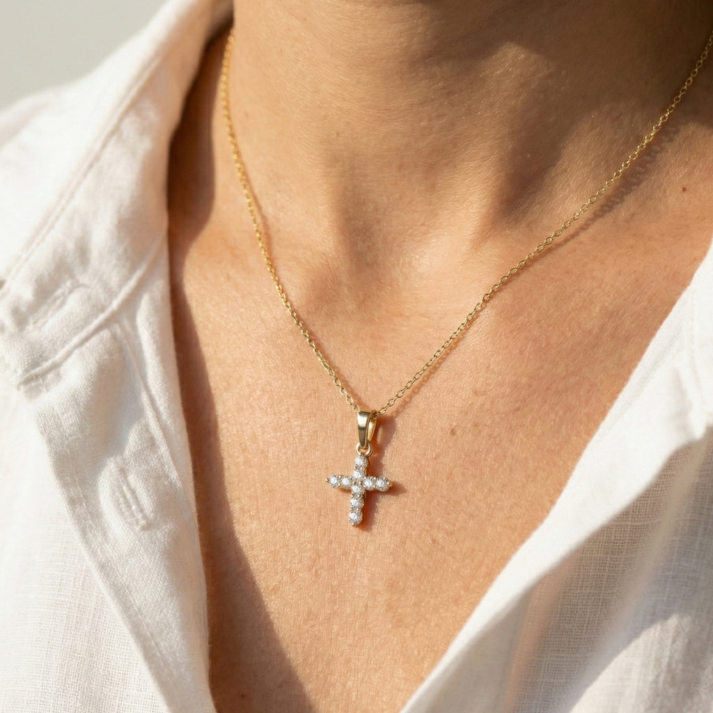 Sparkling Cross Cluster Pendant in 14K Solid Gold, 0.23 TCW Round Cut Lab Diamonds, Religious Gift for Her, Bridal Jewelry