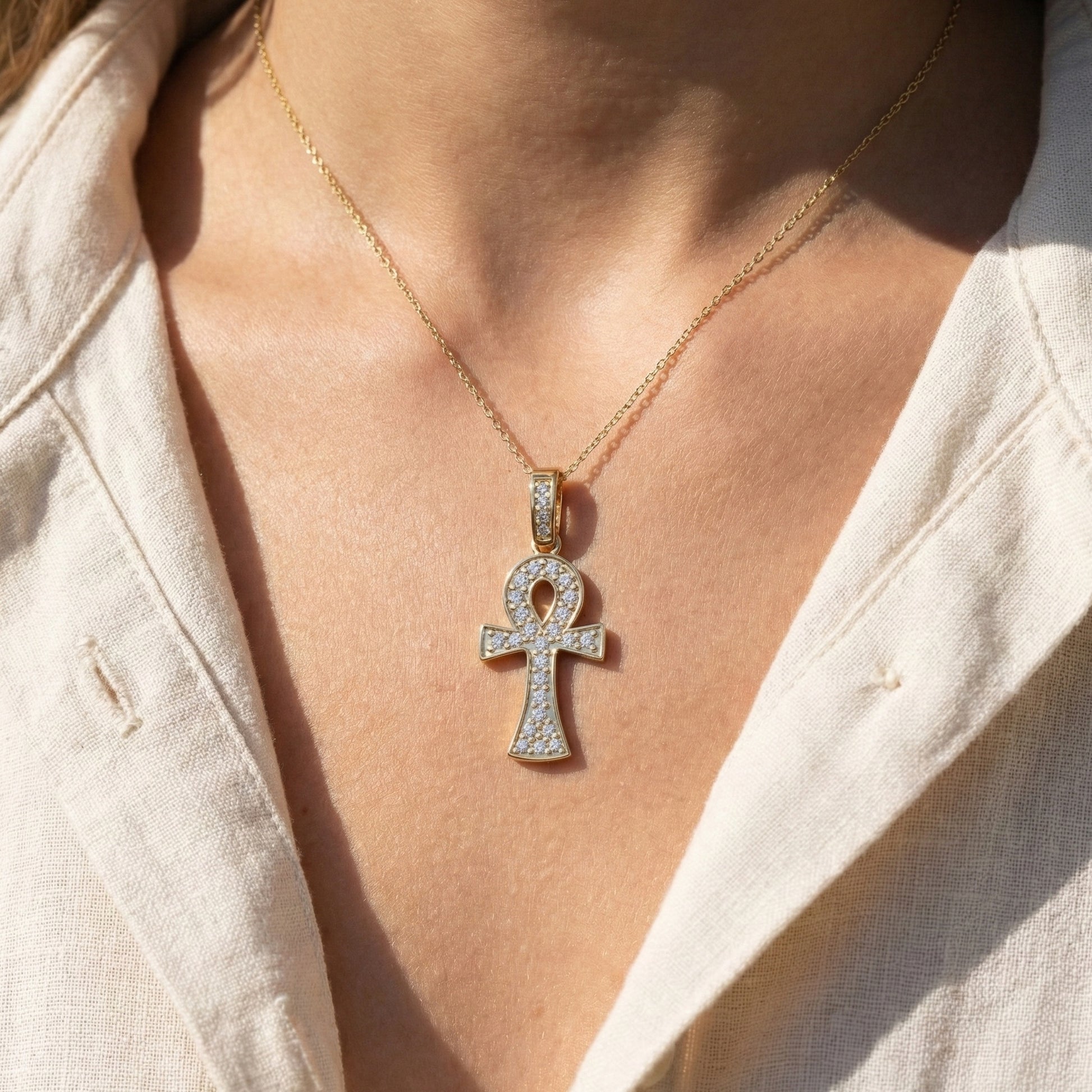 Dainty Pavé Ankh Cross with Diamond Bail Wedding Pendant in Lab Diamond – 14k Yellow Gold, Anniversary Gift for Women, Unique Pendant