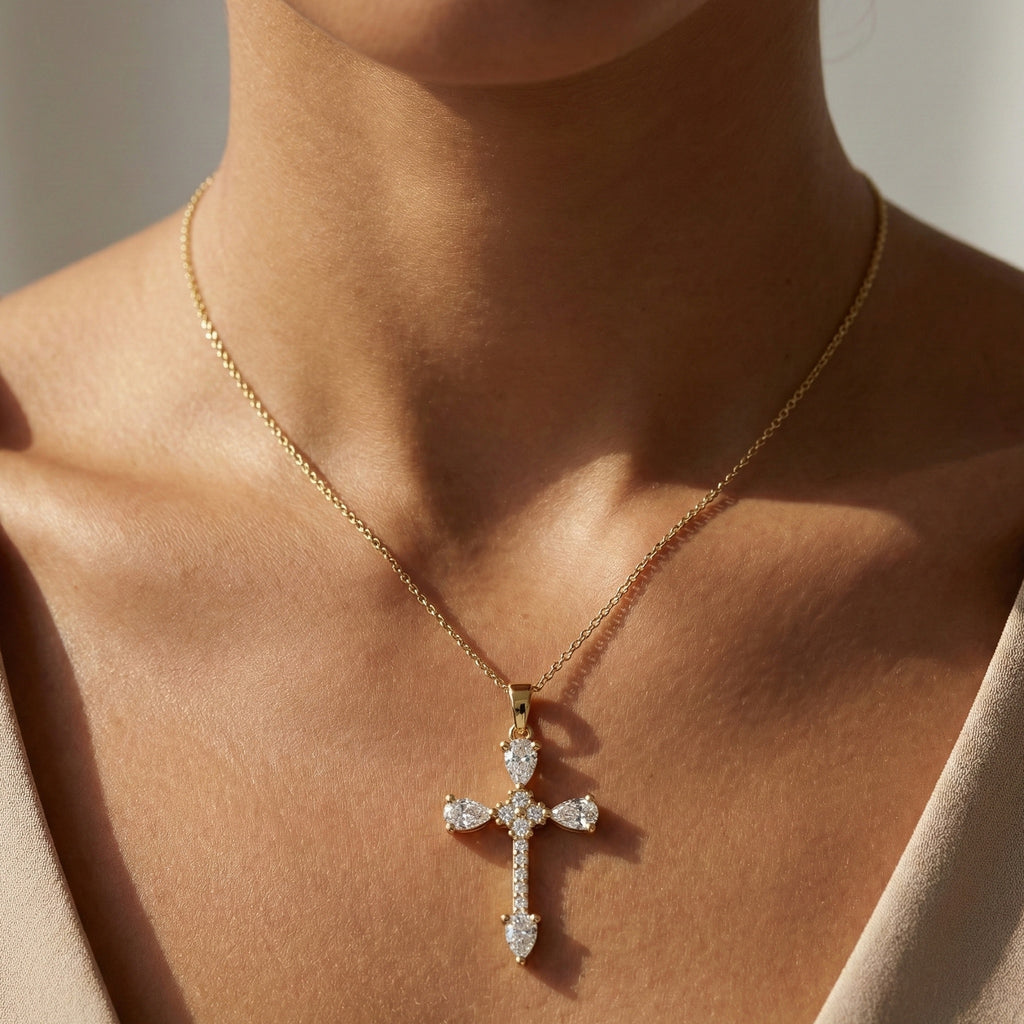 Classic Pear Cluster Cross Pendant in 14k Solid Gold, 0.75 TCW Pear/Round Cut Lab Grown Diamonds, Faith, Bridal Gift