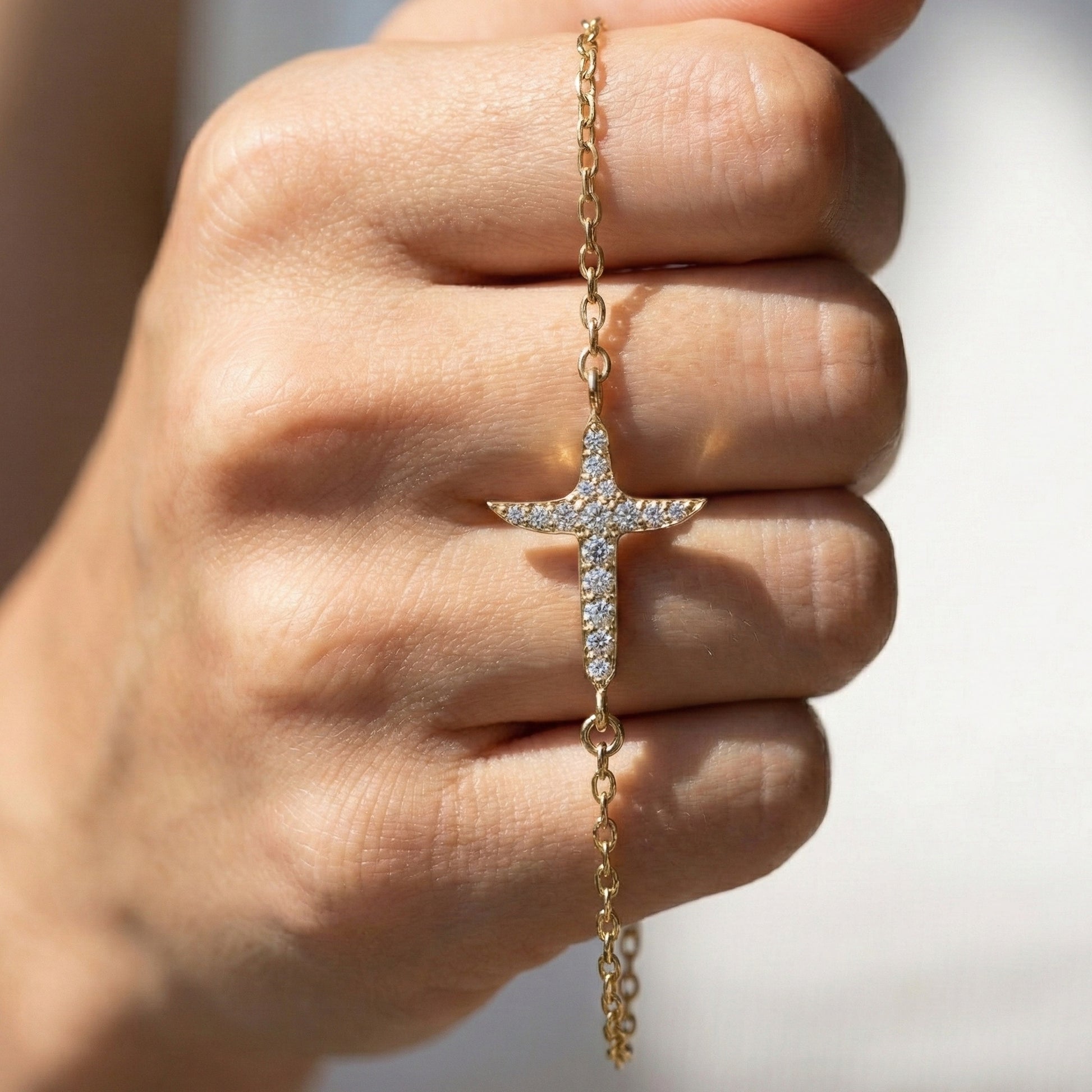 Elegant tapered cross bracelet in 14K Solid Gold, 0.44 TCW Round Cut Lab Created Diamonds, Baptism Bracelet, Unique Gift for Her