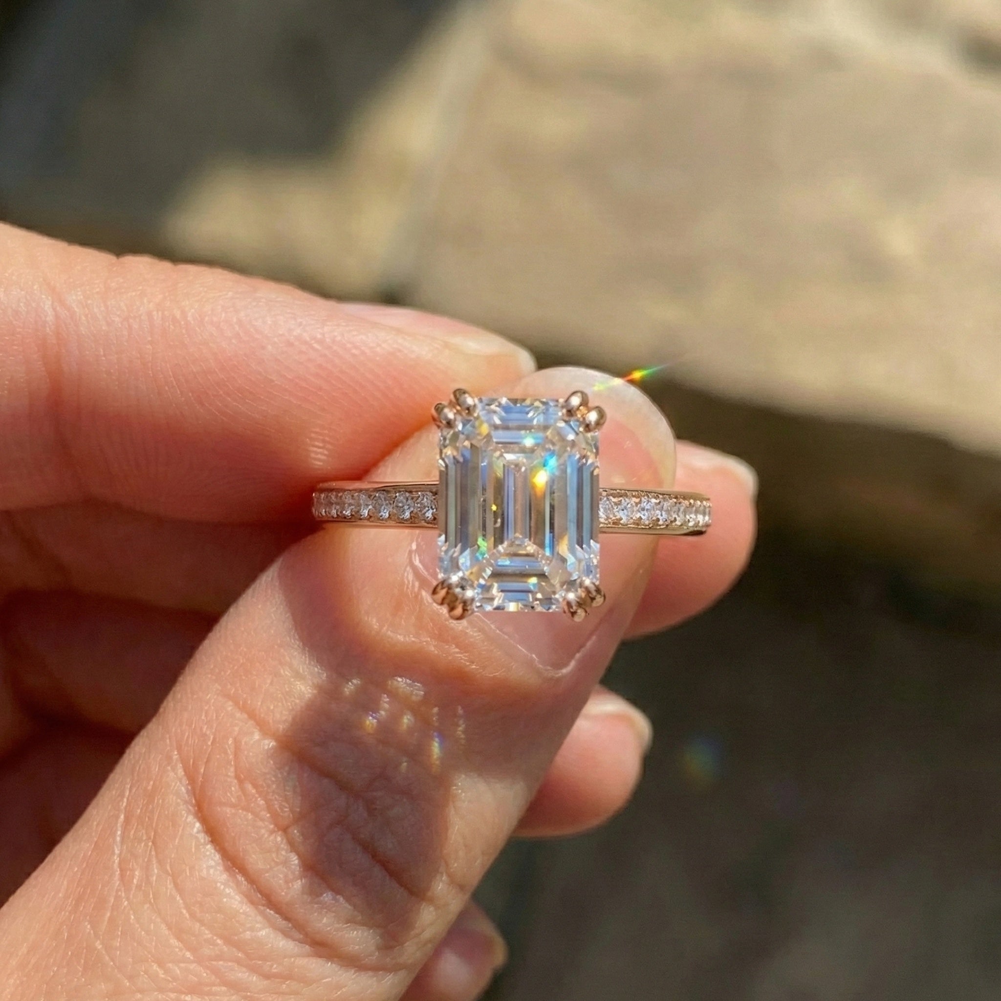 14K Yellow Gold Emerald Cut Lab Diamond Pave Engagement Ring, Handmade Wedding Ring, Trending Bridal Jewelry for Wife