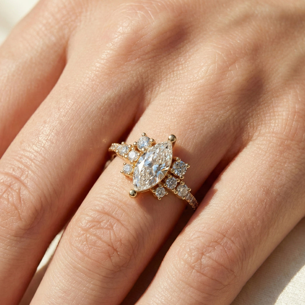 Marquise Cluster Halo Pave Engagement Ring in 14K Yellow Gold, 0.74 TCW Marquise/Round Cut Lab Created Diamonds, Handmade Jewelry, Anniversary Gift