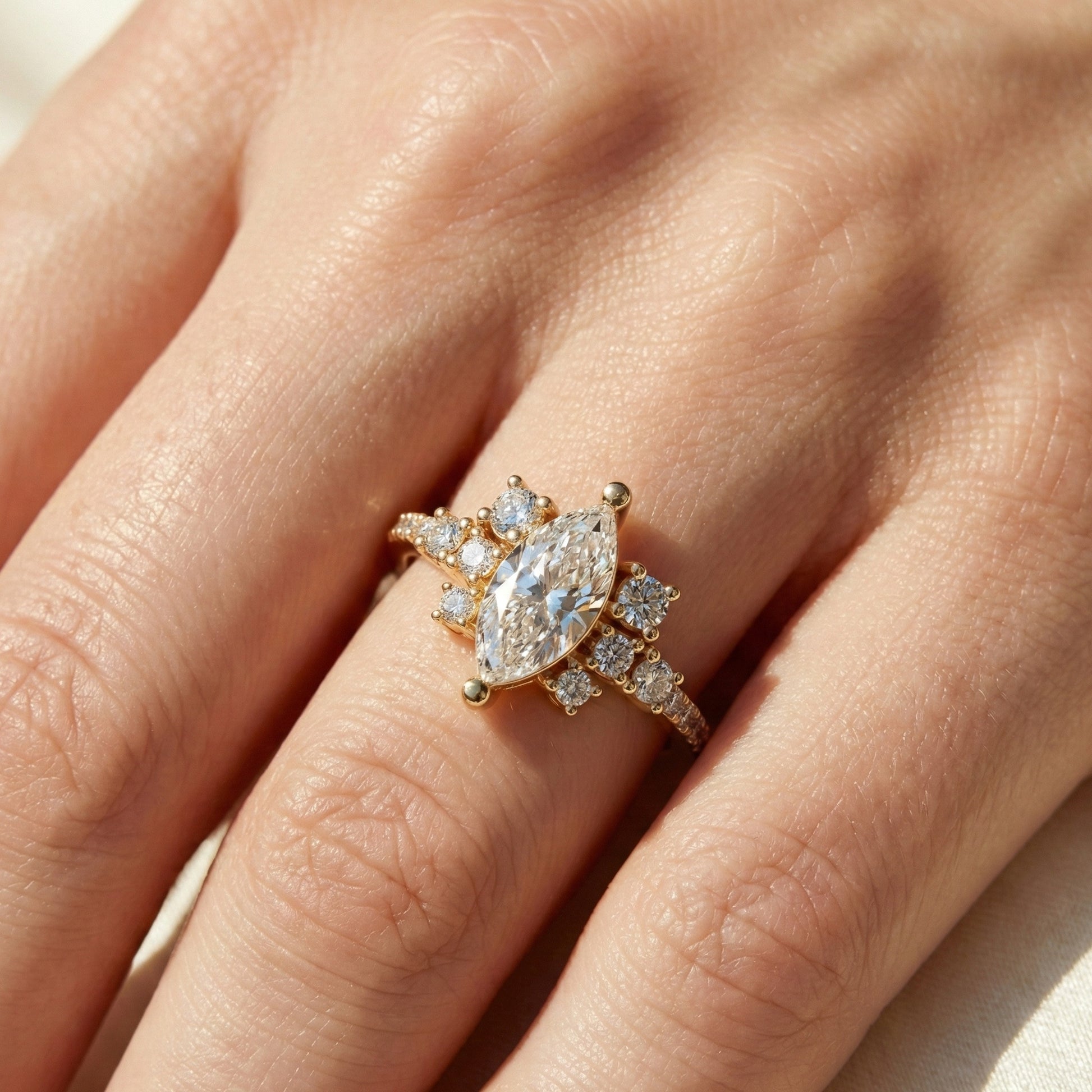 Marquise Cluster Halo Pave Engagement Ring in 14K Yellow Gold, 0.74 TCW Marquise/Round Cut Lab Created Diamonds, Handmade Jewelry, Anniversary Gift