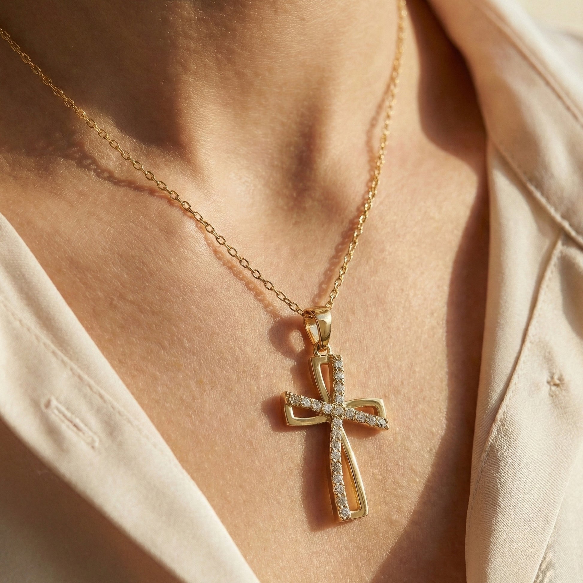 Contemporary Open Cross Pendant in 14k Solid Gold, 0.22 TCW Round Cut Lab Grown Diamonds, Bridal Jewelry, Wedding Gift For Wife