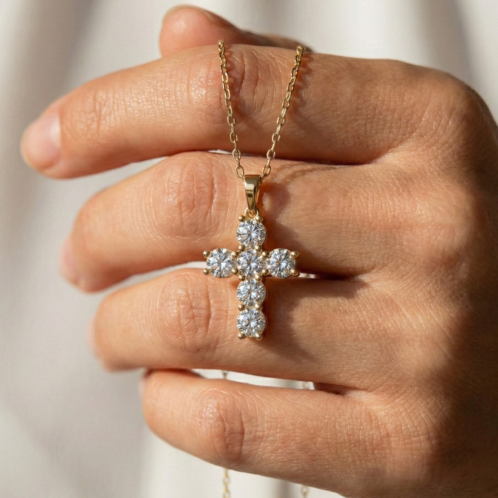 Prong-Set Round Cluster Cross Pendant in 14k Solid Gold, 2.76 TCW Round Cut Lab Created Diamonds, Jesus Pendant For Her, Daily Wear Pendant