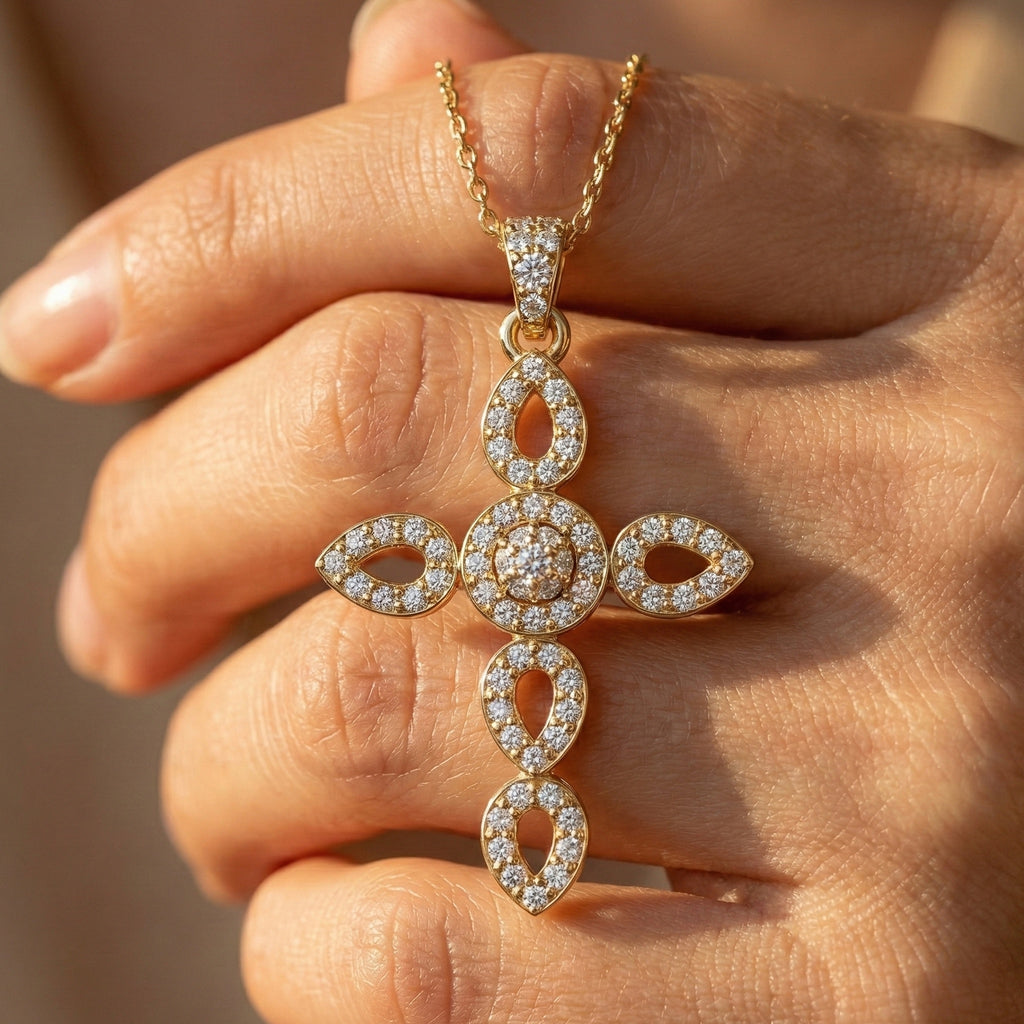 Art Deco Vintage Cross Pendant in 14k Solid Gold, 0.32 TCW Round Cut Lab Grown Diamonds, Religious Gift for Women, Everyday Pendant