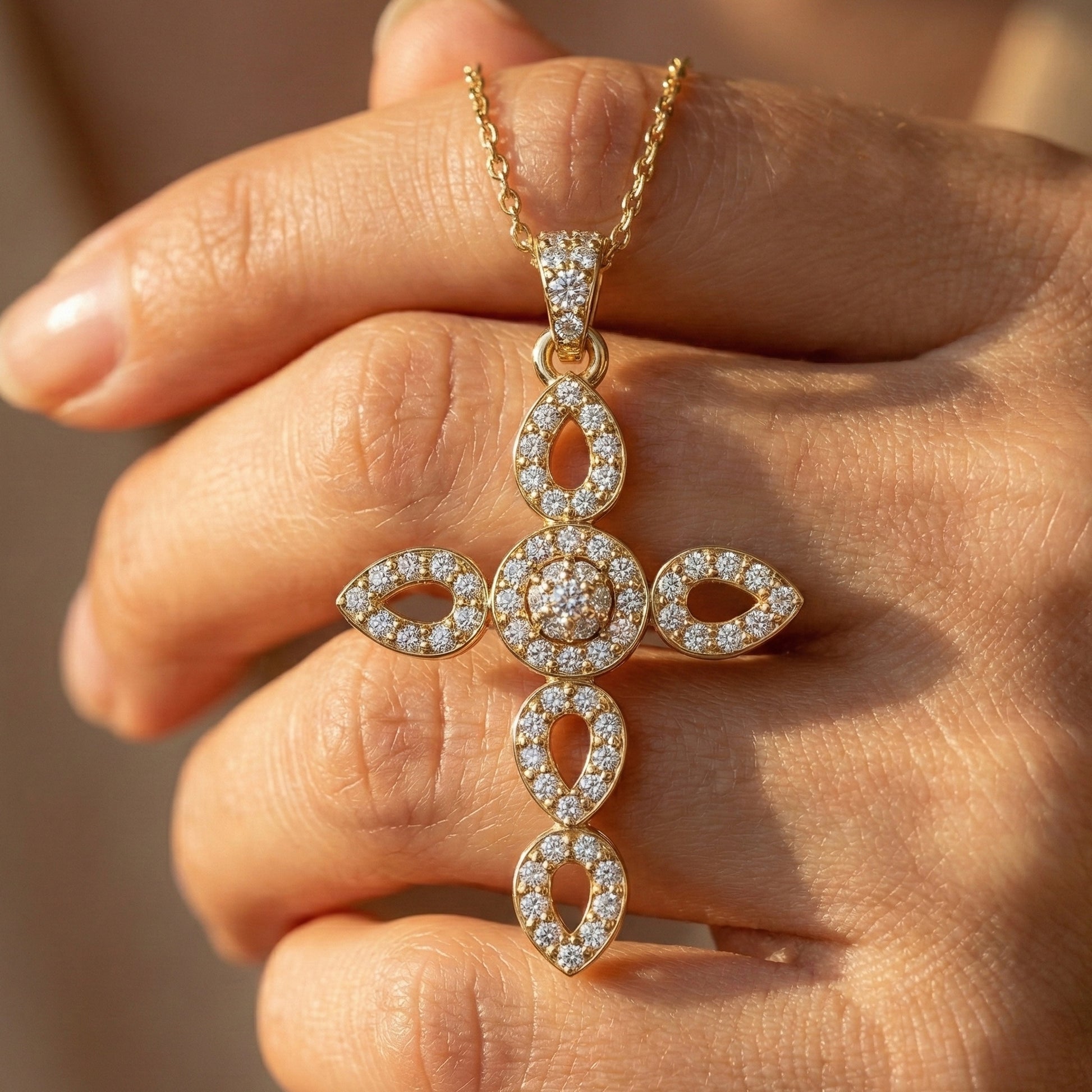 Art Deco Vintage Cross Pendant in 14k Solid Gold, 0.32 TCW Round Cut Lab Grown Diamonds, Religious Gift for Women, Everyday Pendant