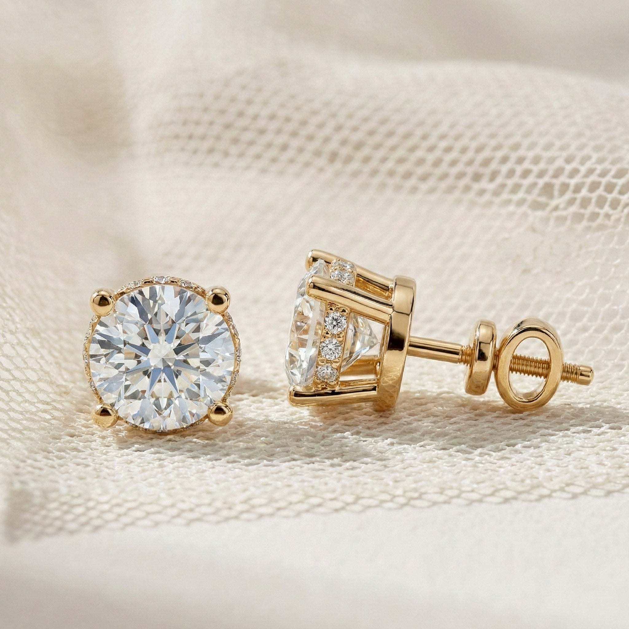 Morden Hidden Halo Wedding Stud Earrings in 14K Yellow Gold, 1.07 TCW Round Cut Lab Created Diamonds, Birthday Gift For Women, Handmade Jewelry