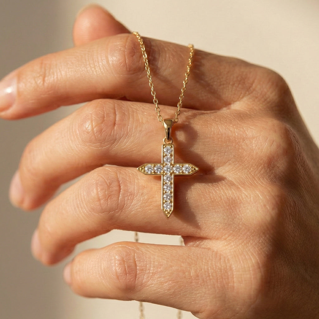 Pointed Edge Cross Pendant in 14k Solid Gold, 0.73 TCW Round Cut Lab Diamonds, Christian Jewelry, Gift for Women