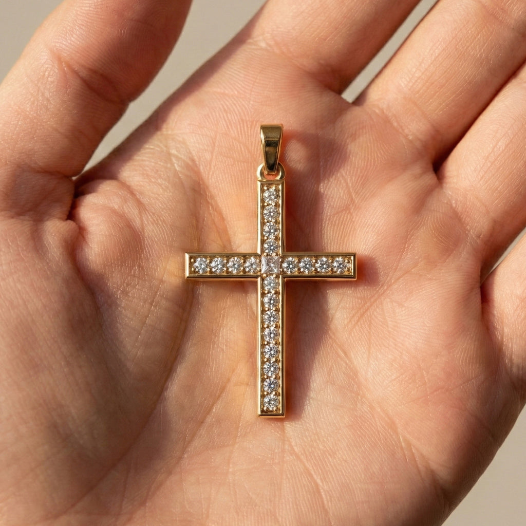 Sparkling Pavé Cross Pendant in 14k Solid Gold, 0.21 TCW Round Cut Lab Created Diamonds, Faith Jewelry, Confirmation Gift