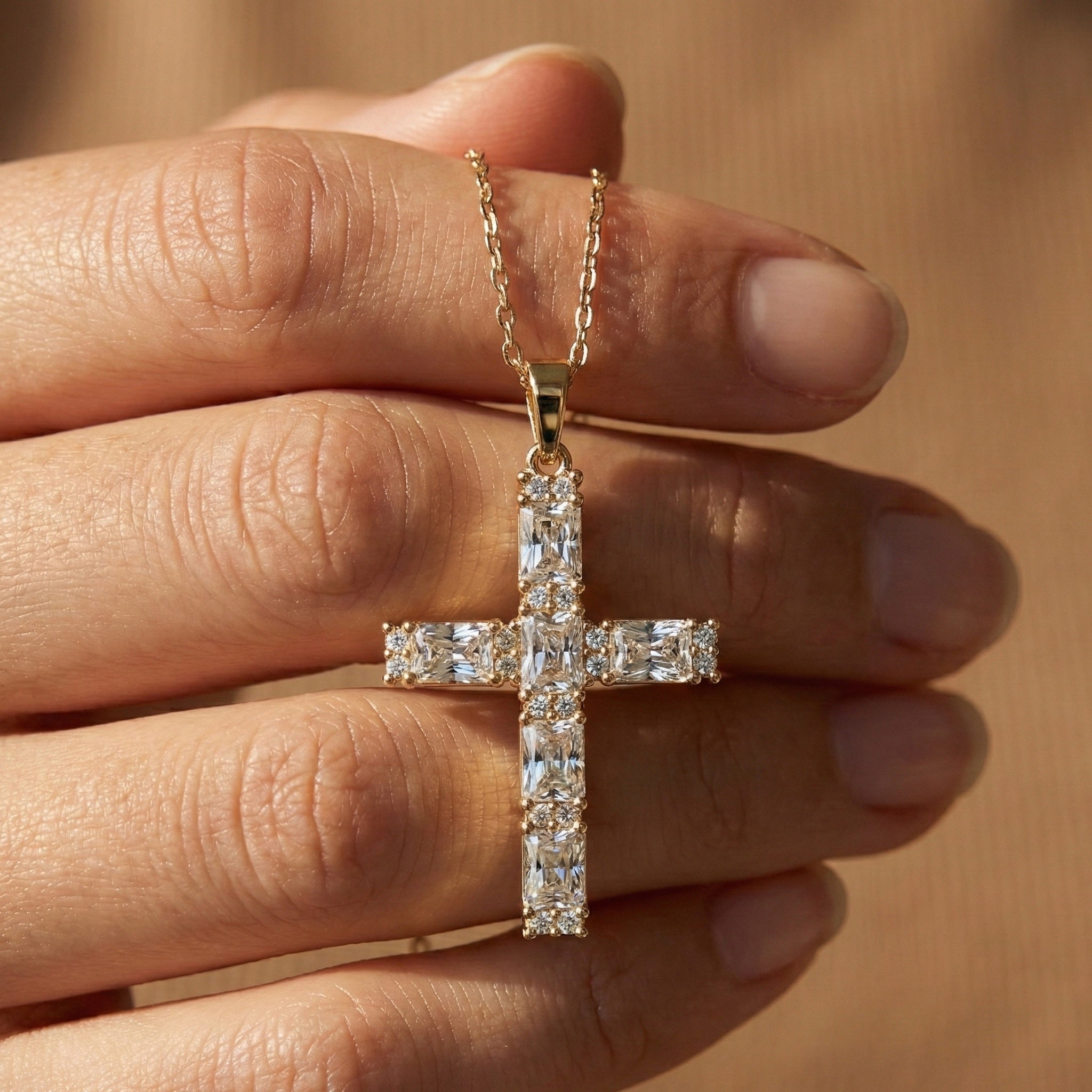 Faith Symbol Radiant Halo Cross Pendant in 14k Solid Gold, 2.18 TCW Radiant/Round Cut Lab Diamonds, Jesus Cross Gift for Women