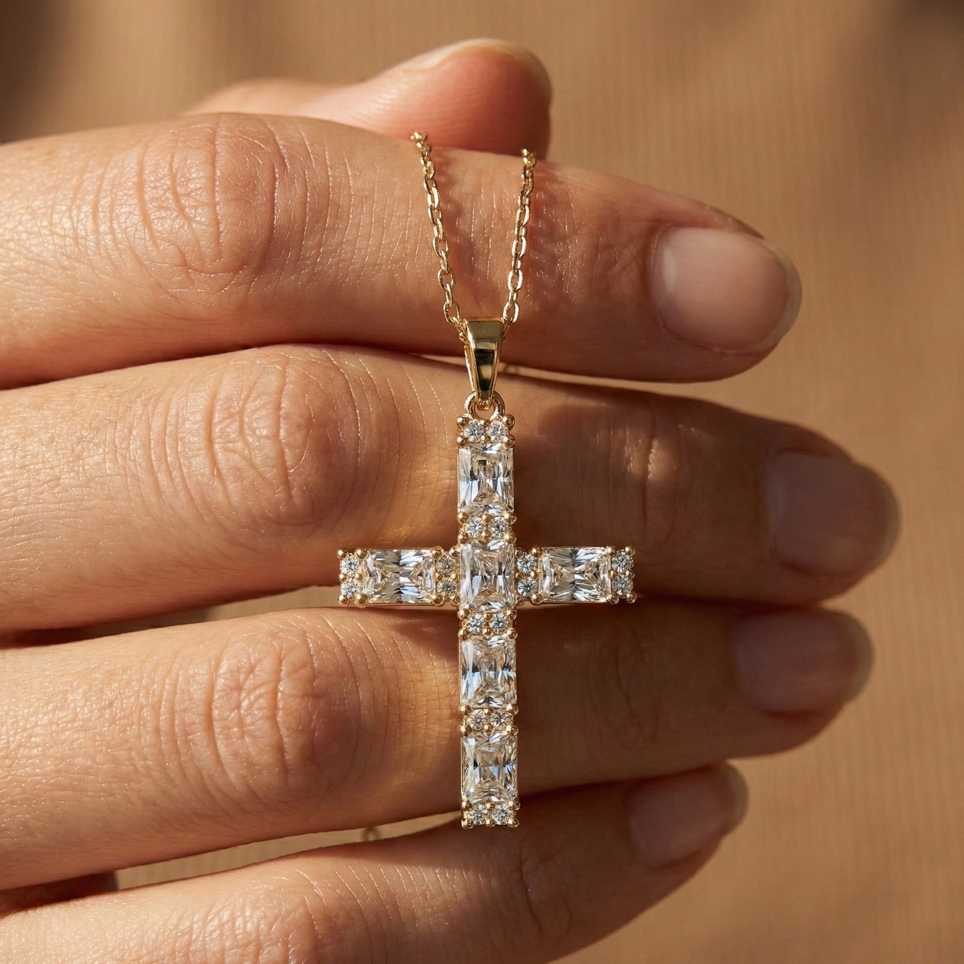 Faith Symbol Radiant Halo Cross Pendant in 14k Solid Gold, 2.18 TCW Radiant/Round Cut Lab Diamonds, Jesus Cross Gift for Women