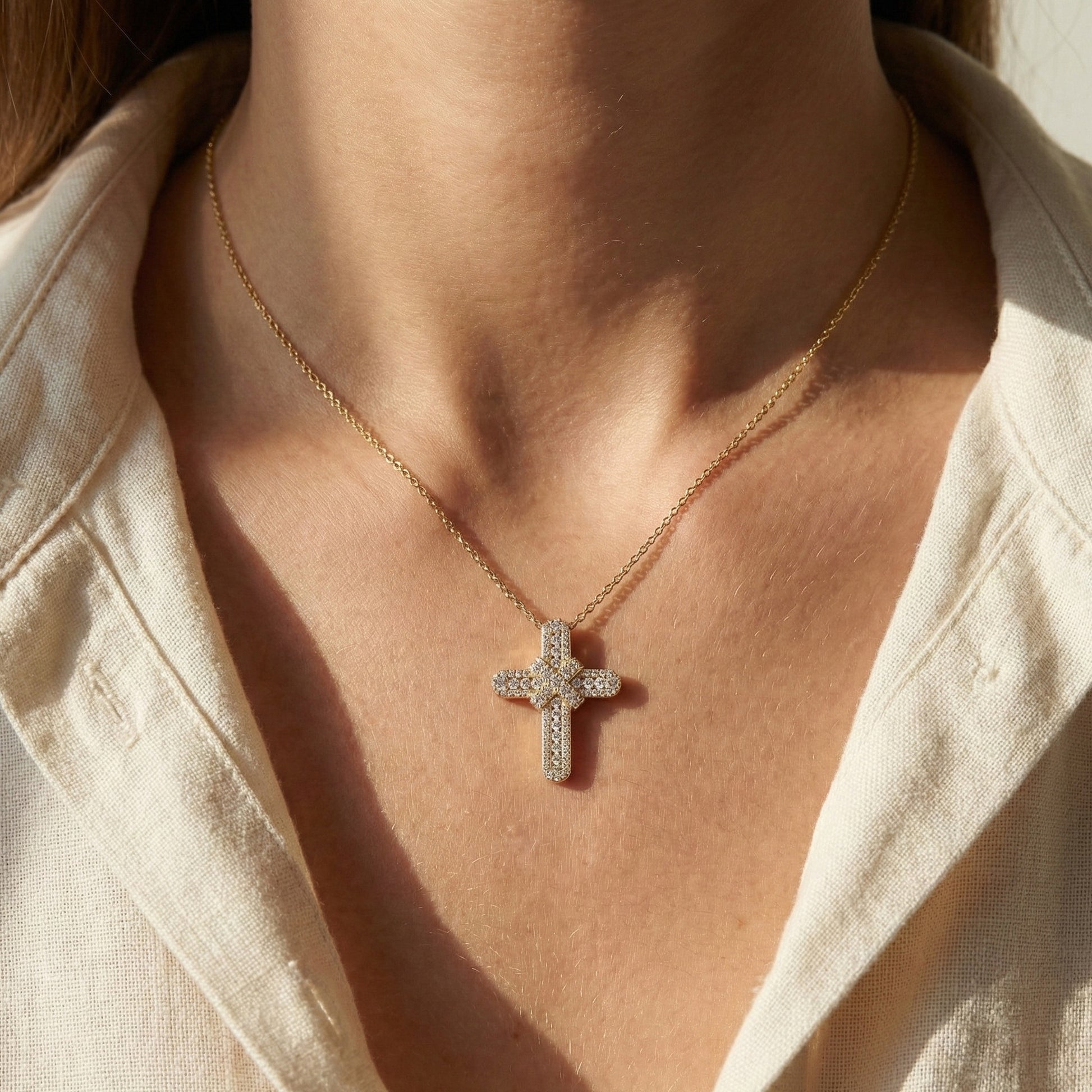 Bold Clustered Pave Cross Religious Pendant with Wrapped Design in Lab Grown Diamond-14k Solid Gold, Unique Charm Pendant, Wedding Gift for Her/Him