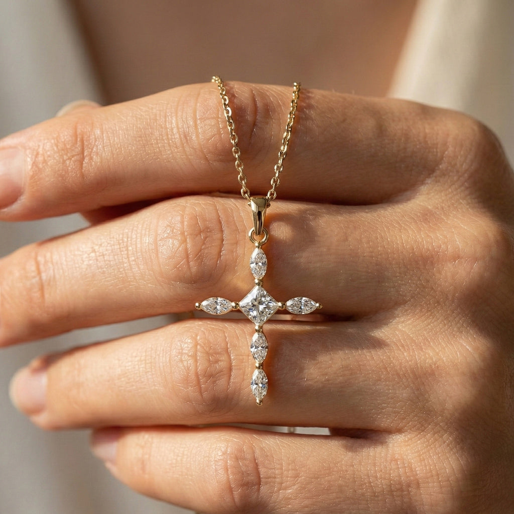 Ornate Cross Pendant in 14k Solid Gold, 1.00 TCW Princess/Marquise Cut Lab Diamonds, Gift for Mom, Confirmation Jewelry