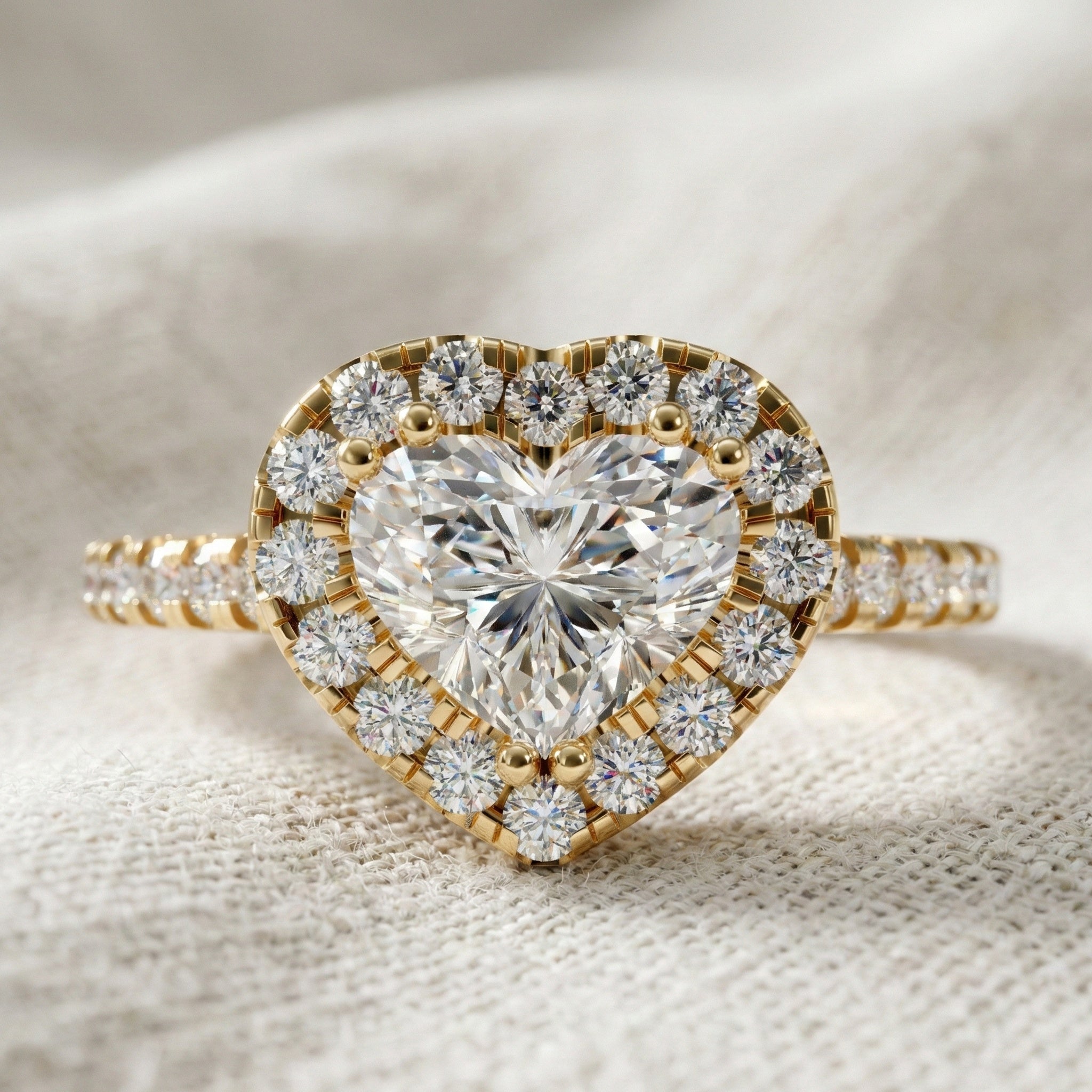 Classic Heart Halo Cathedral Pavé Band Engagement Ring in Lab Grown Diamond – 14k Solid Gold, Everyday Ring For Bridal
