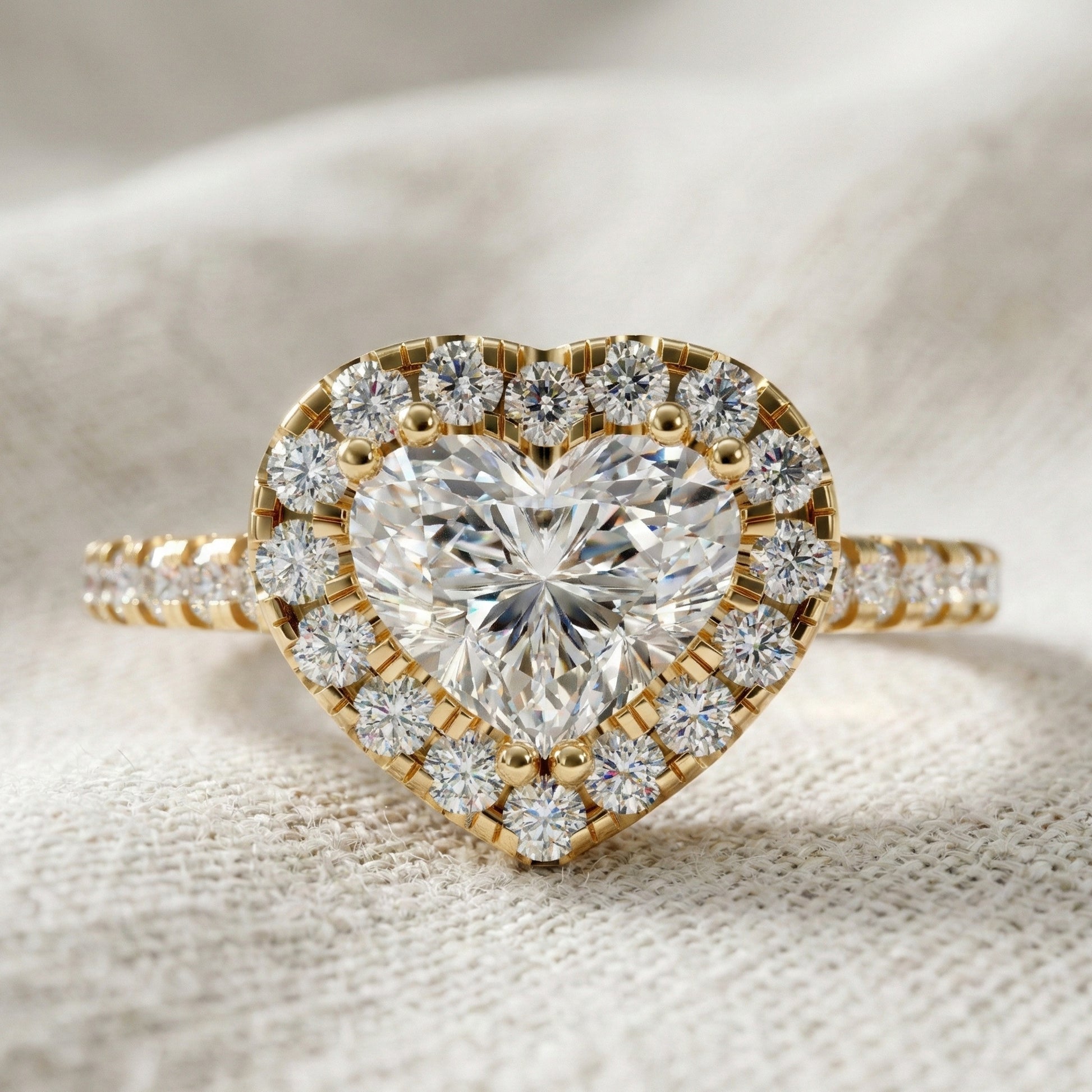 Classic Heart Halo Cathedral Pavé Band Engagement Ring in Lab Grown Diamond – 14k Solid Gold, Everyday Ring For Bridal