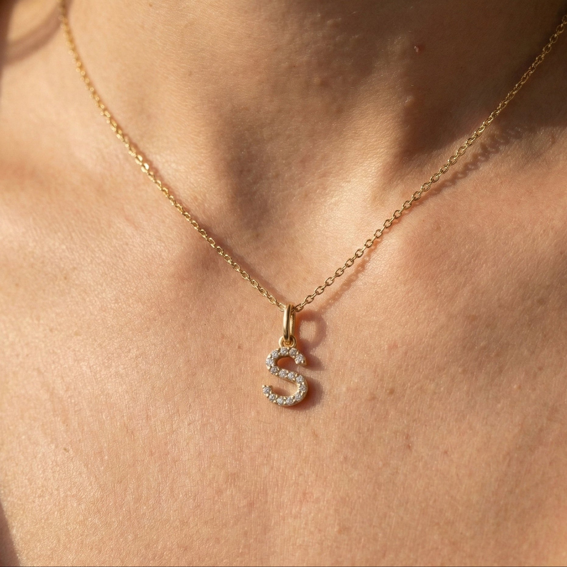 Minimal Pavé 'S' Initial Alphabet Pendant in Lab Diamond or Moissanite – 14K Solid Gold, Modern Letter Pendant, Birthday Gift for Her, Daily Wear Jewelry