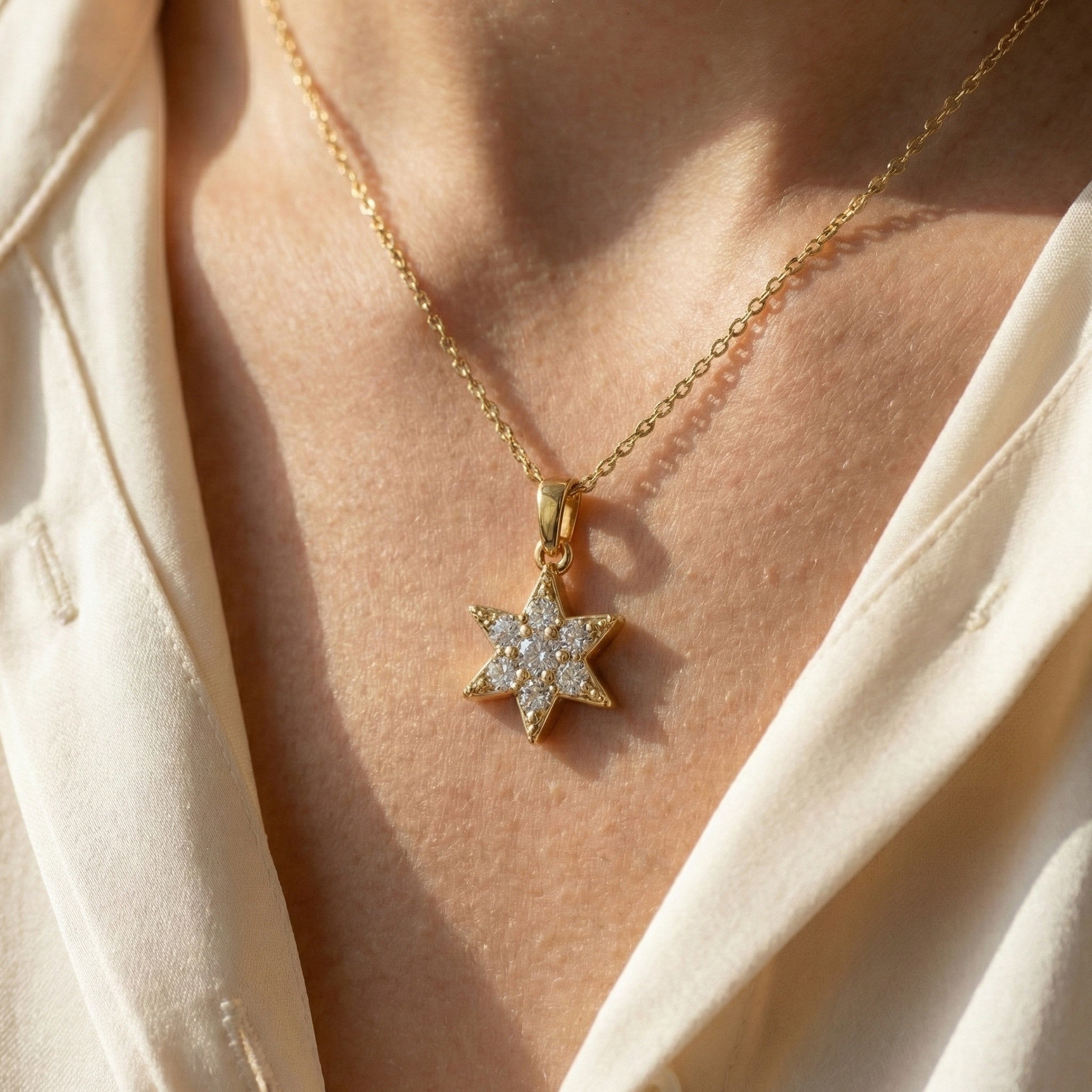 Starburst Six-Point Star Cluster Wedding Pendant Lab Diamond in 14k Solid Gold, Birthday Gift for Women, Handmade Jewelry