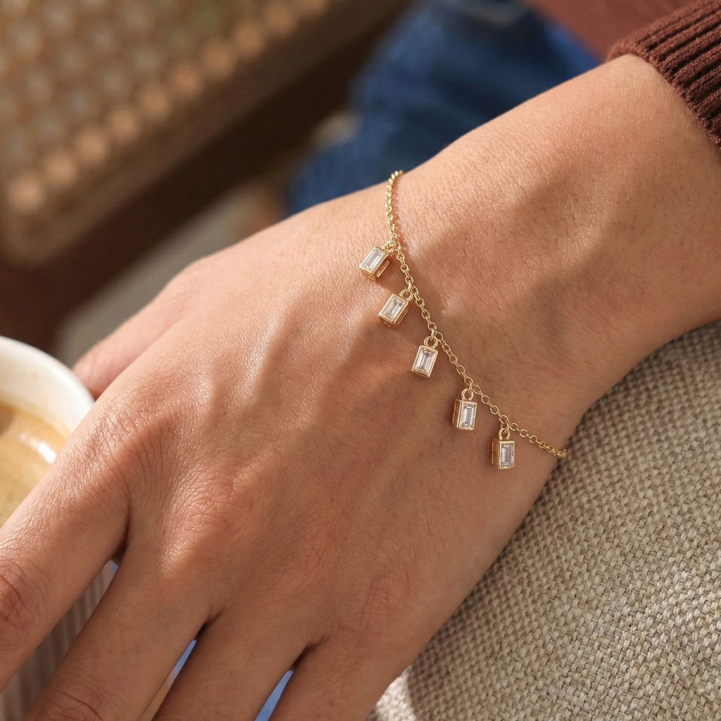 Modern Baguette Drop Charm Bracelet in 14k Solid Gold, 0.7 TCW Baguette Cut Lab Created Diamonds, Gift for Her, Bridal Jewelry