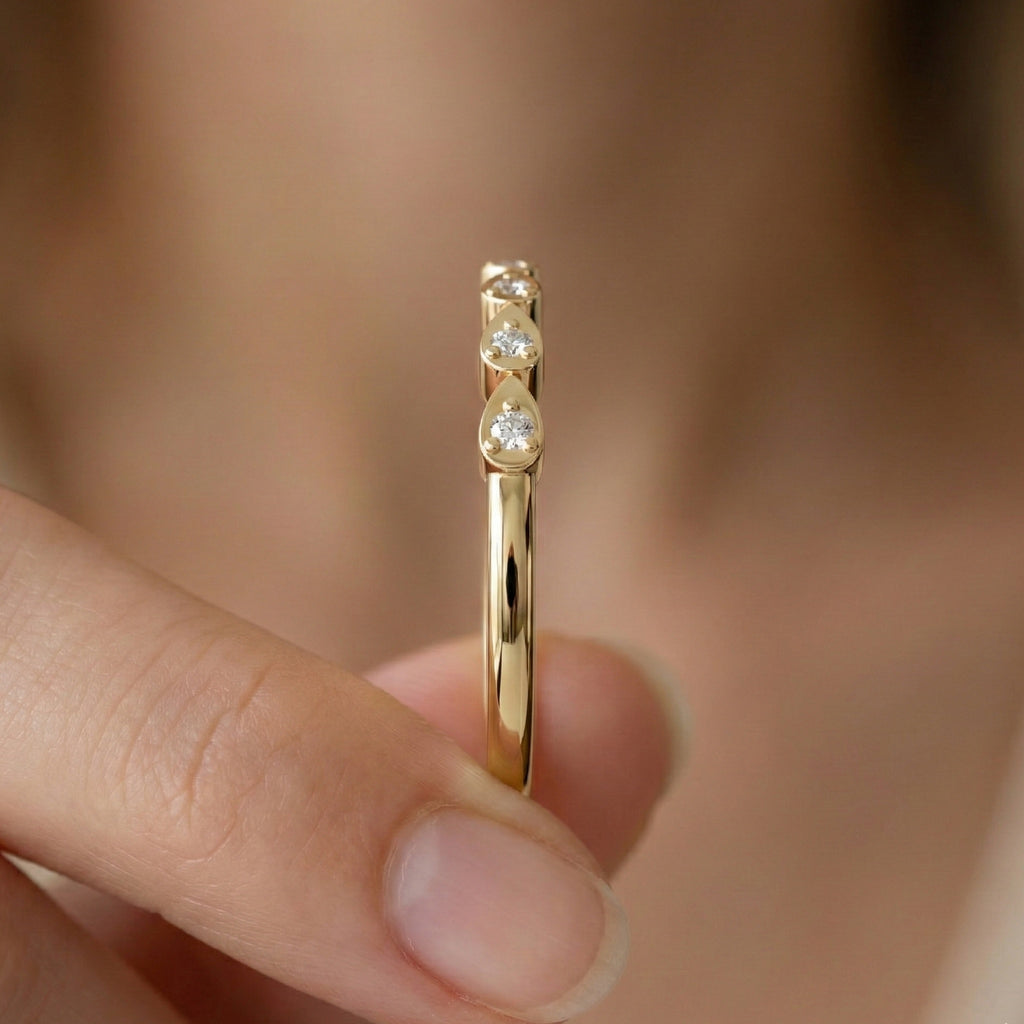 Teardrop Motif Stacking Wedding Band in 14K Solid Gold, 0.06 TCW Round Cut Lab Diamonds, Promise Band, Wedding Bridal Jewelry, Gift For Her