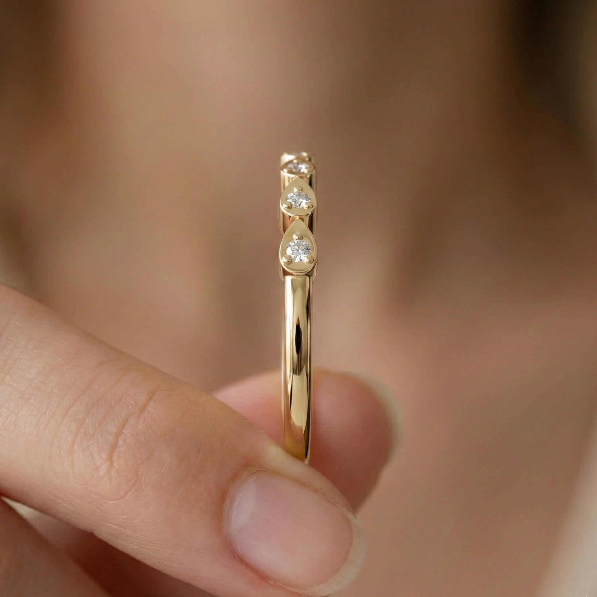 Teardrop Motif Stacking Wedding Band in 14K Solid Gold, 0.06 TCW Round Cut Lab Diamonds, Promise Band, Wedding Bridal Jewelry, Gift For Her