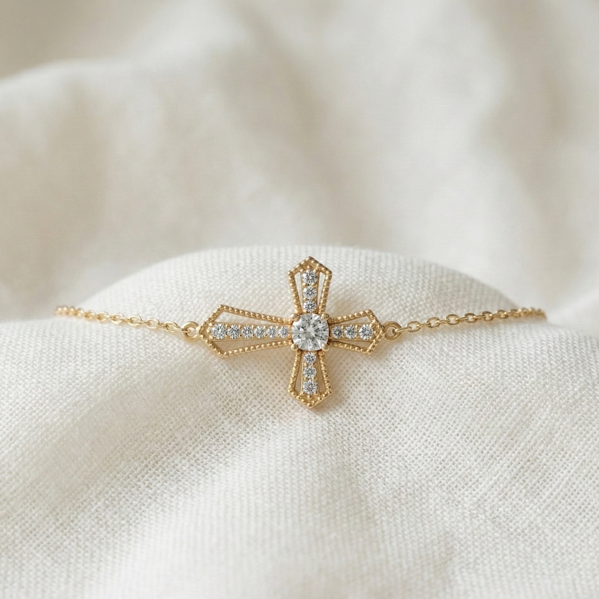 Deco Inspired Cross Bar Chain Bracelet in 14K Solid Gold, 0.40 CT Cushion Cut Lab Created Diamond, Everyday Bracelet, Religious Gift For Wife